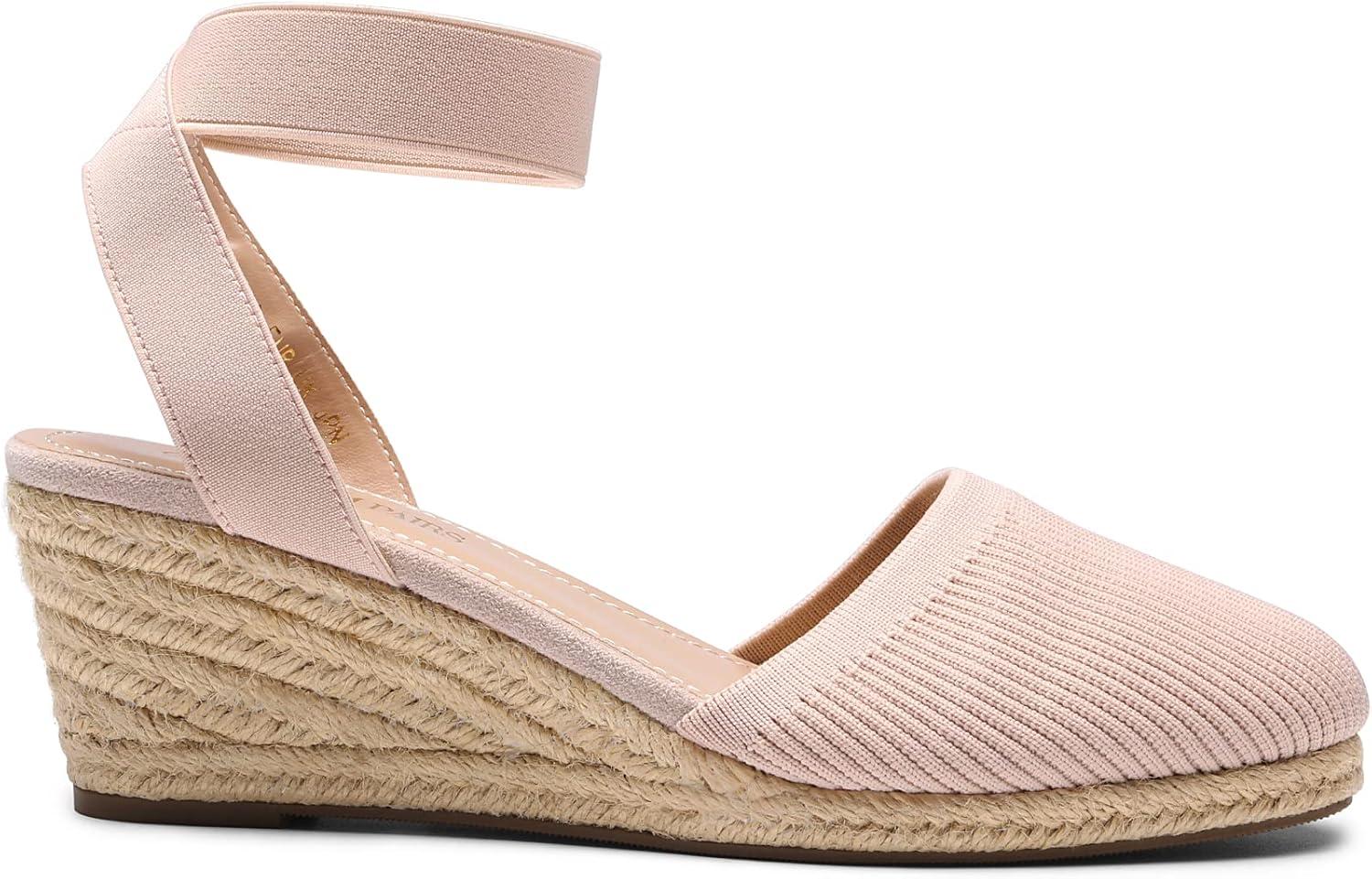 imageDREAM PAIRS Womens Elastic Ankle Strap Espadrilles Wedge SandalsPinkknit
