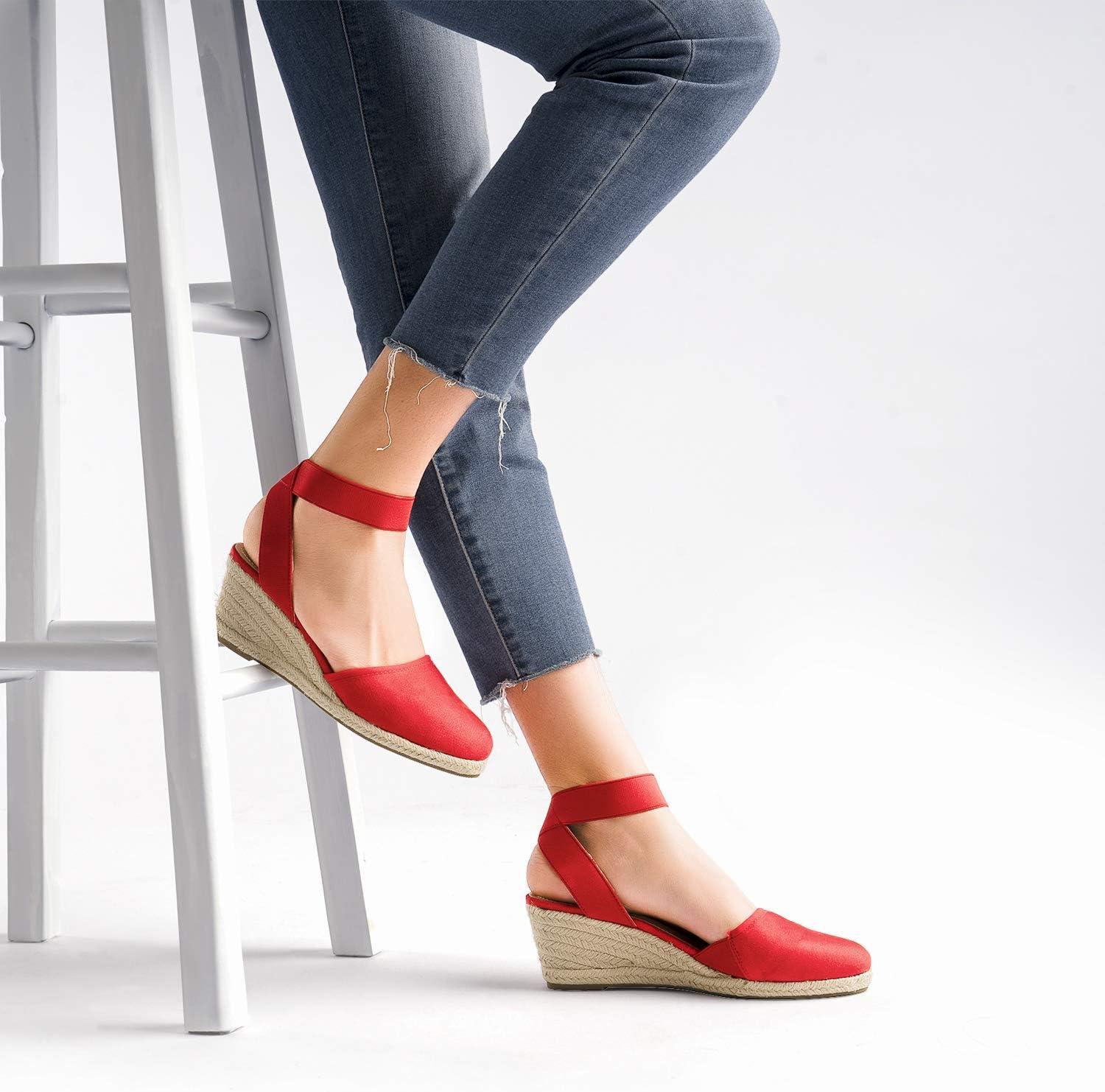 imageDREAM PAIRS Womens Elastic Ankle Strap Espadrilles Wedge SandalsRed