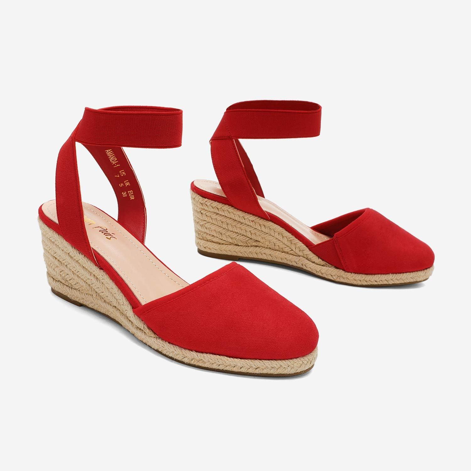 imageDREAM PAIRS Womens Elastic Ankle Strap Espadrilles Wedge SandalsRed