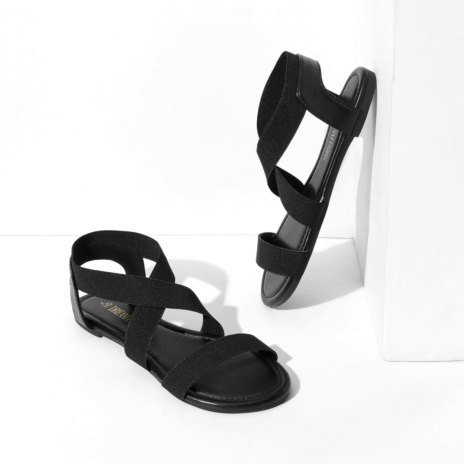 imageDREAM PAIRS Womens Elastic Ankle Strap Flat Sandals Summer Dressy Shoes Cute Strappy Gladiator SandalsAll Blackelastic