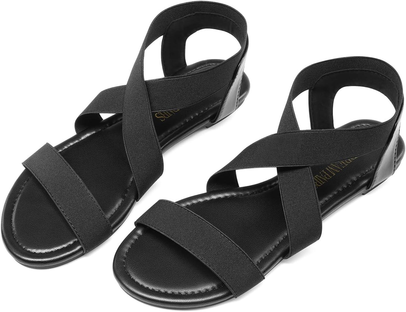 imageDREAM PAIRS Womens Elastic Ankle Strap Flat Sandals Summer Dressy Shoes Cute Strappy Gladiator SandalsAll Blackelastic