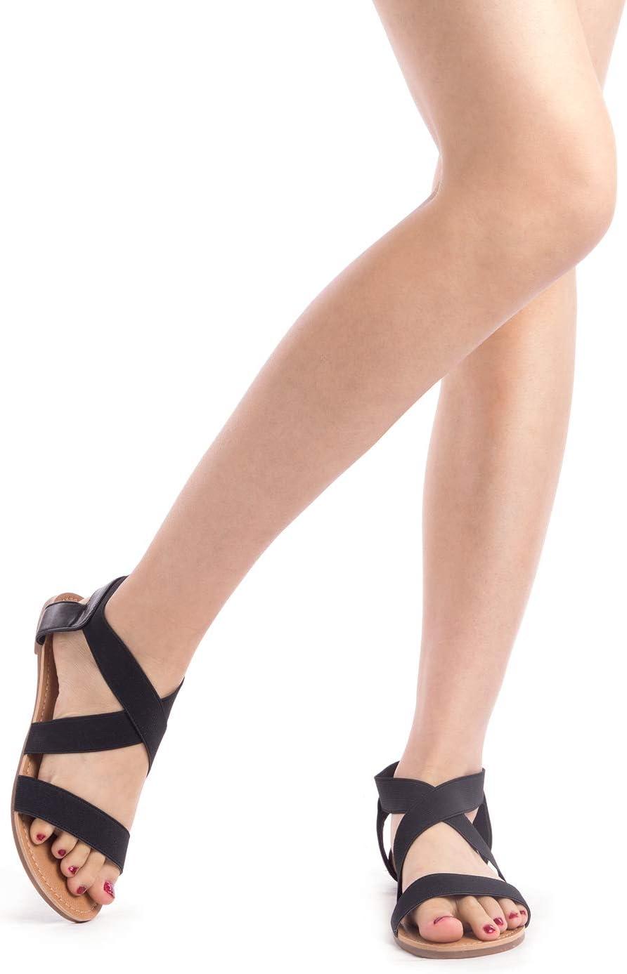 imageDREAM PAIRS Womens Elastic Ankle Strap Flat Sandals Summer Dressy Shoes Cute Strappy Gladiator SandalsBlack