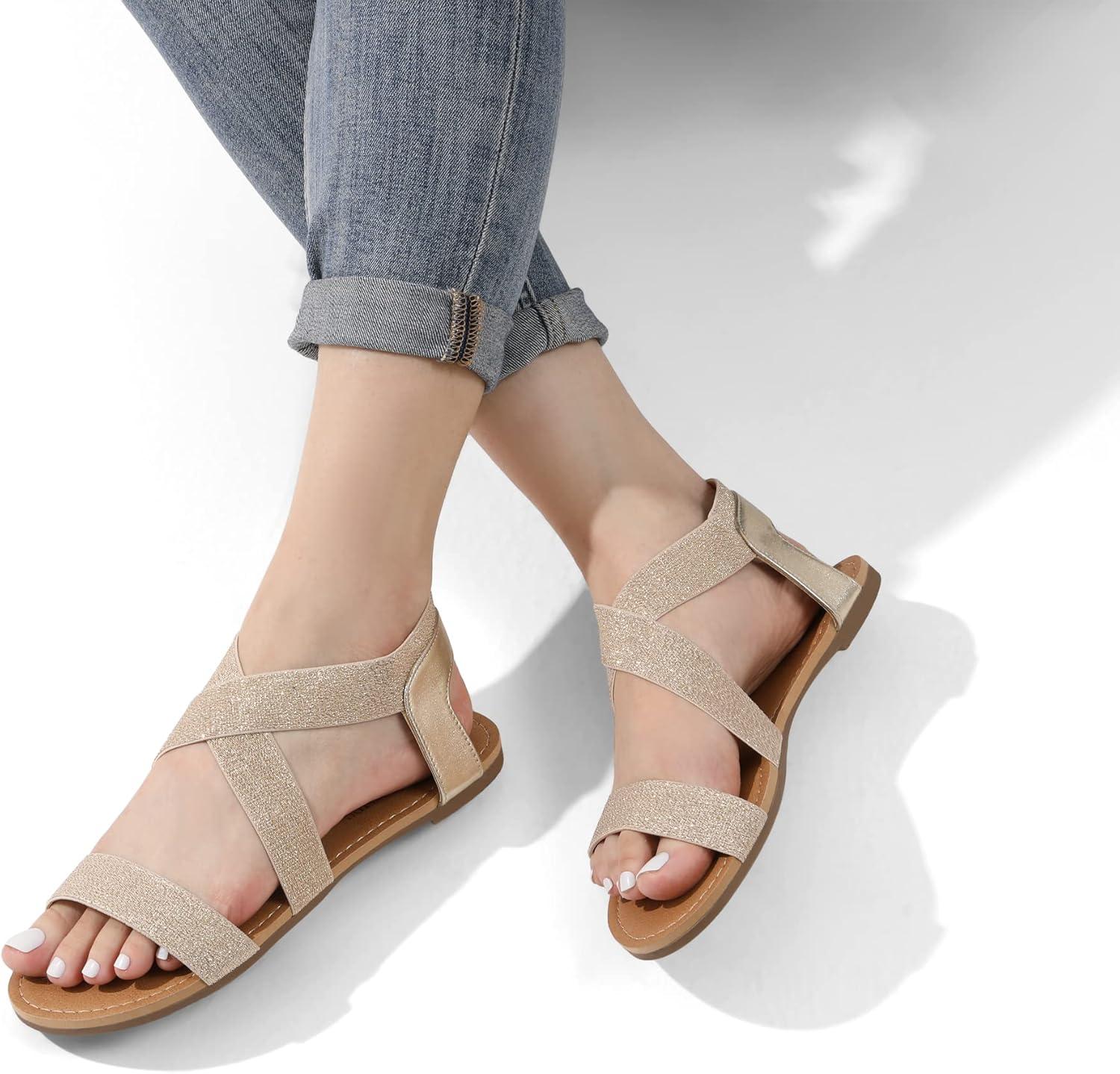 imageDREAM PAIRS Womens Elastic Ankle Strap Flat Sandals Summer Dressy Shoes Cute Strappy Gladiator SandalsGoldPu