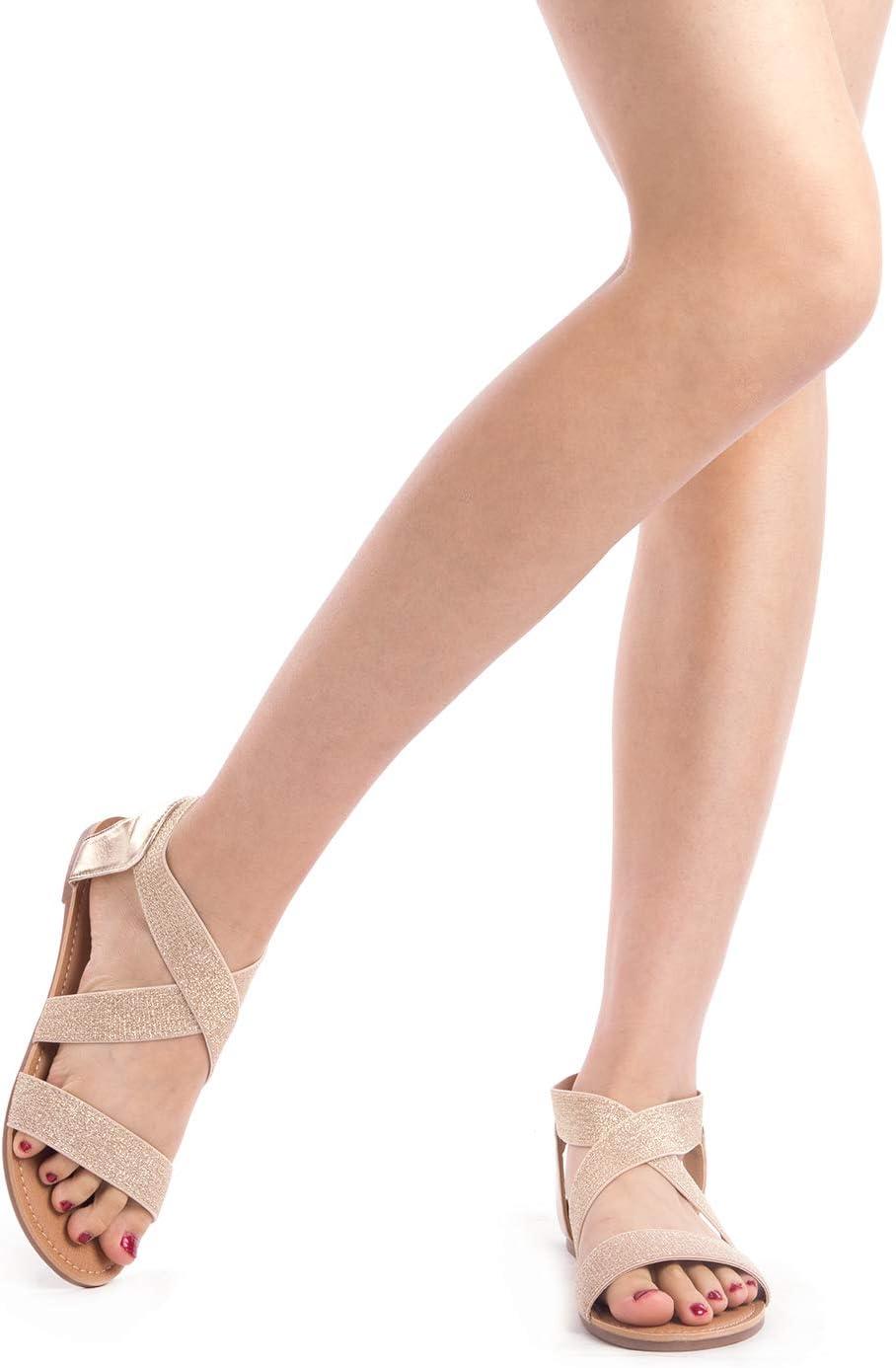 imageDREAM PAIRS Womens Elastic Ankle Strap Flat Sandals Summer Dressy Shoes Cute Strappy Gladiator SandalsGoldPu