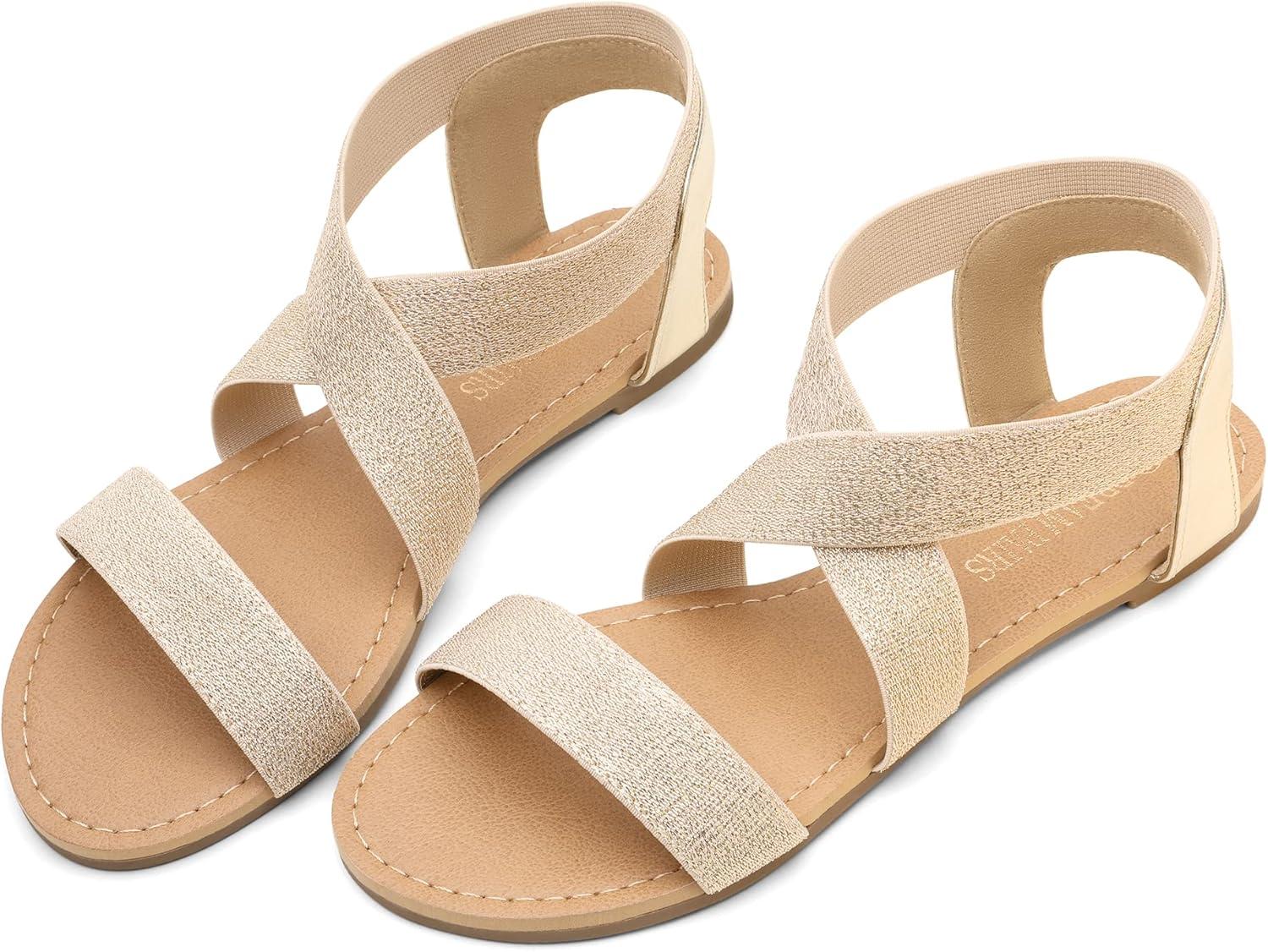 imageDREAM PAIRS Womens Elastic Ankle Strap Flat Sandals Summer Dressy Shoes Cute Strappy Gladiator SandalsGoldPu