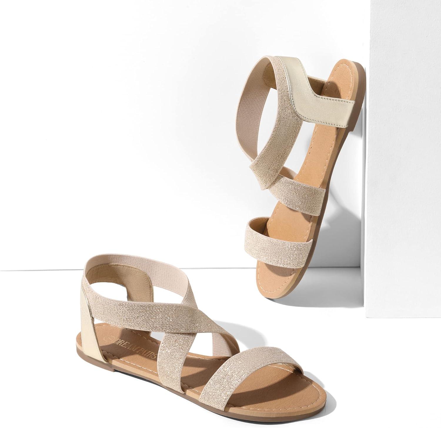 imageDREAM PAIRS Womens Elastic Ankle Strap Flat Sandals Summer Dressy Shoes Cute Strappy Gladiator SandalsGoldPu