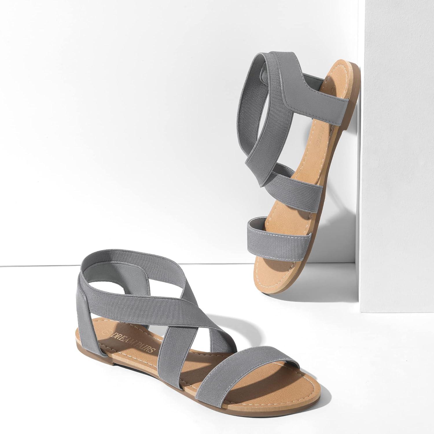 imageDREAM PAIRS Womens Elastic Ankle Strap Flat Sandals Summer Dressy Shoes Cute Strappy Gladiator SandalsGrey