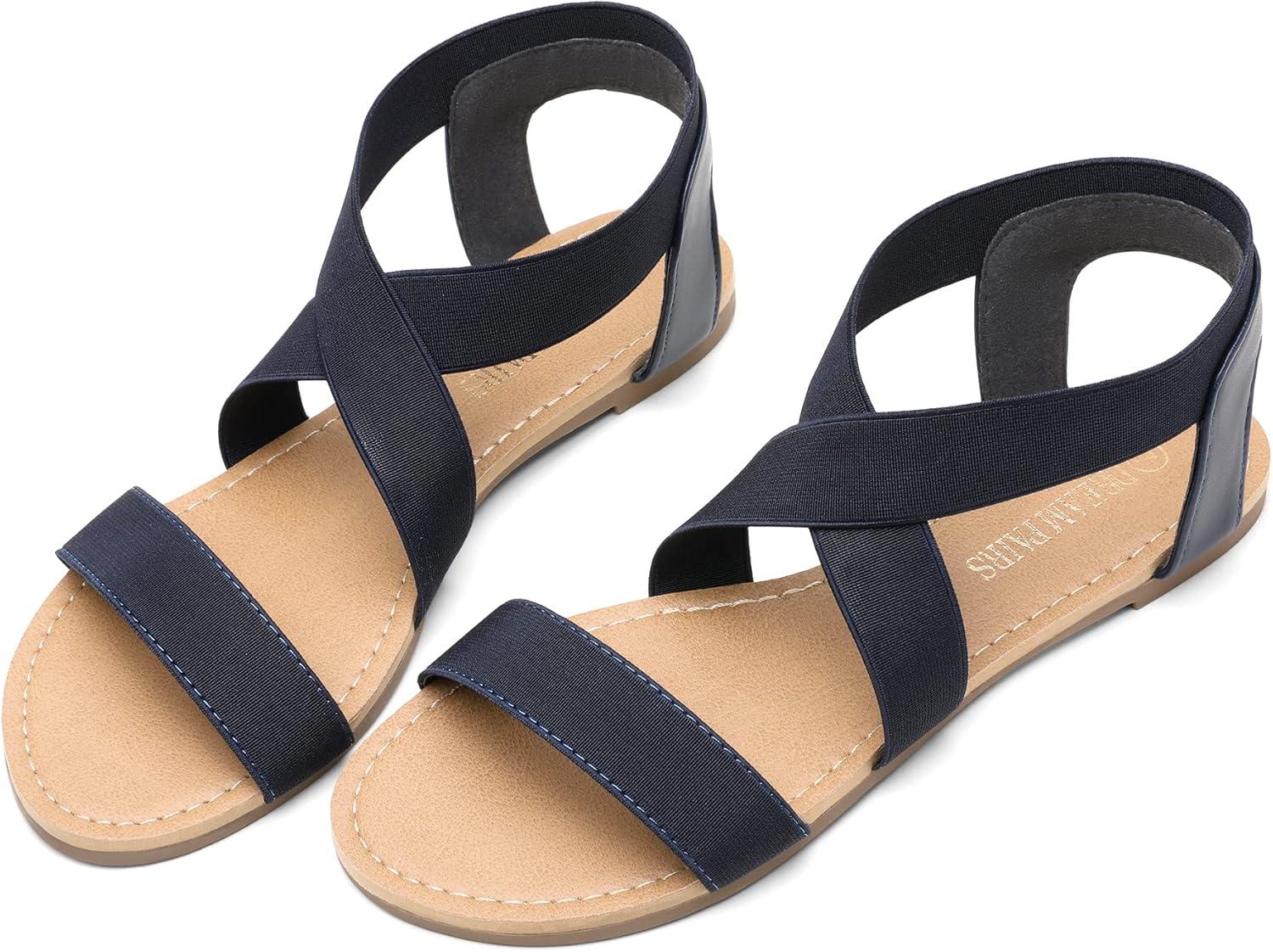 imageDREAM PAIRS Womens Elastic Ankle Strap Flat Sandals Summer Dressy Shoes Cute Strappy Gladiator SandalsNavy