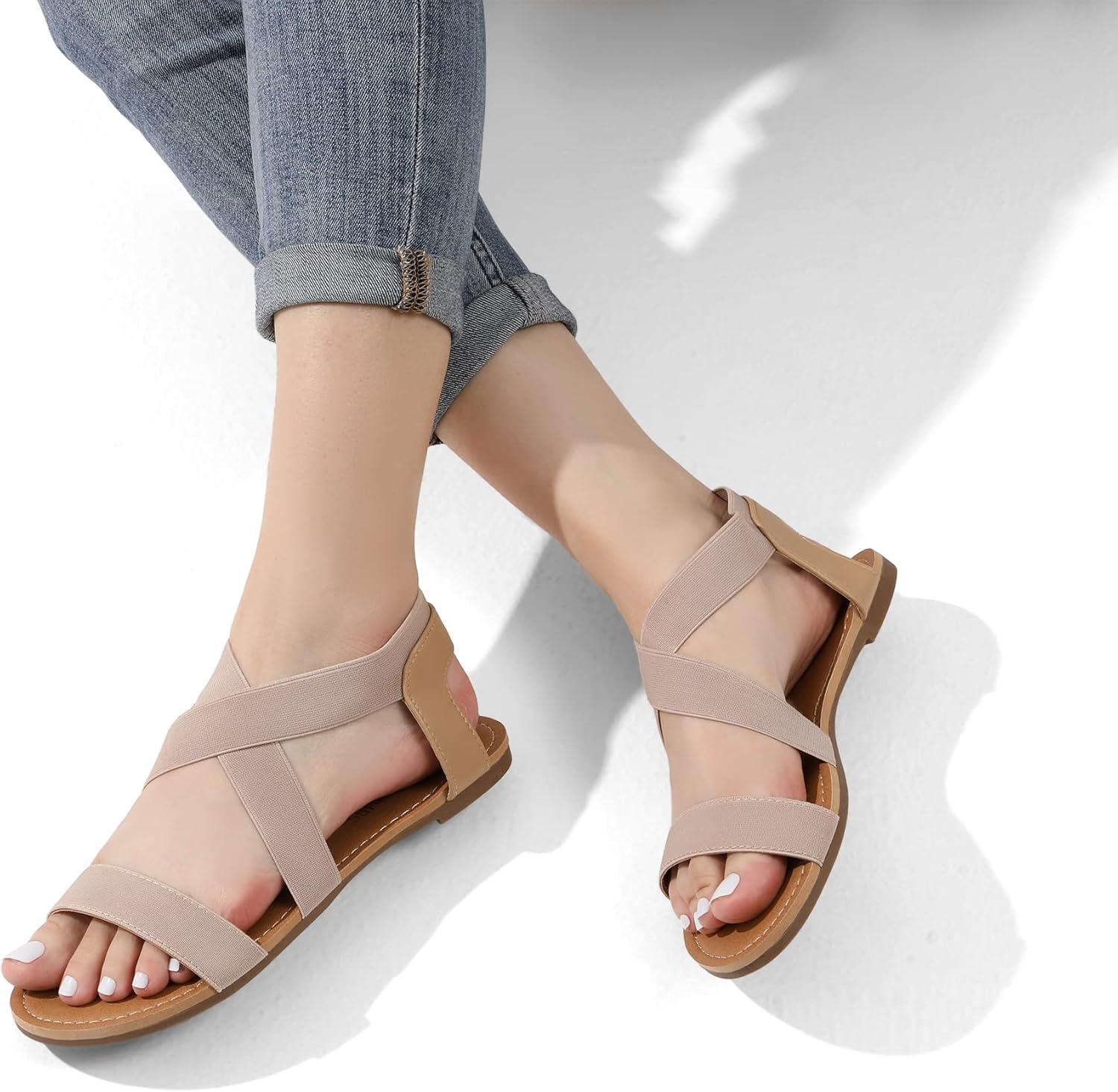 imageDREAM PAIRS Womens Elastic Ankle Strap Flat Sandals Summer Dressy Shoes Cute Strappy Gladiator SandalsNude