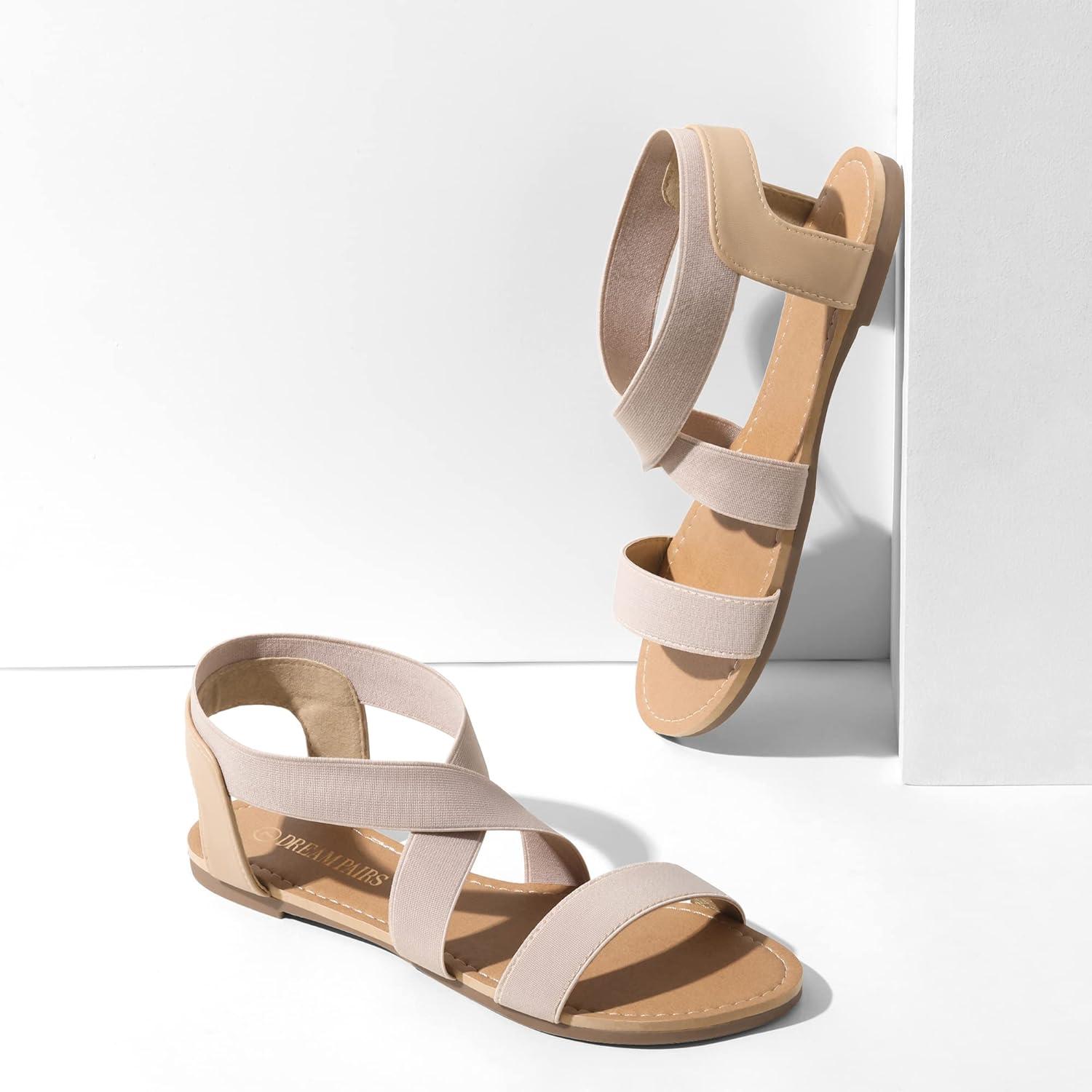 imageDREAM PAIRS Womens Elastic Ankle Strap Flat Sandals Summer Dressy Shoes Cute Strappy Gladiator SandalsNude