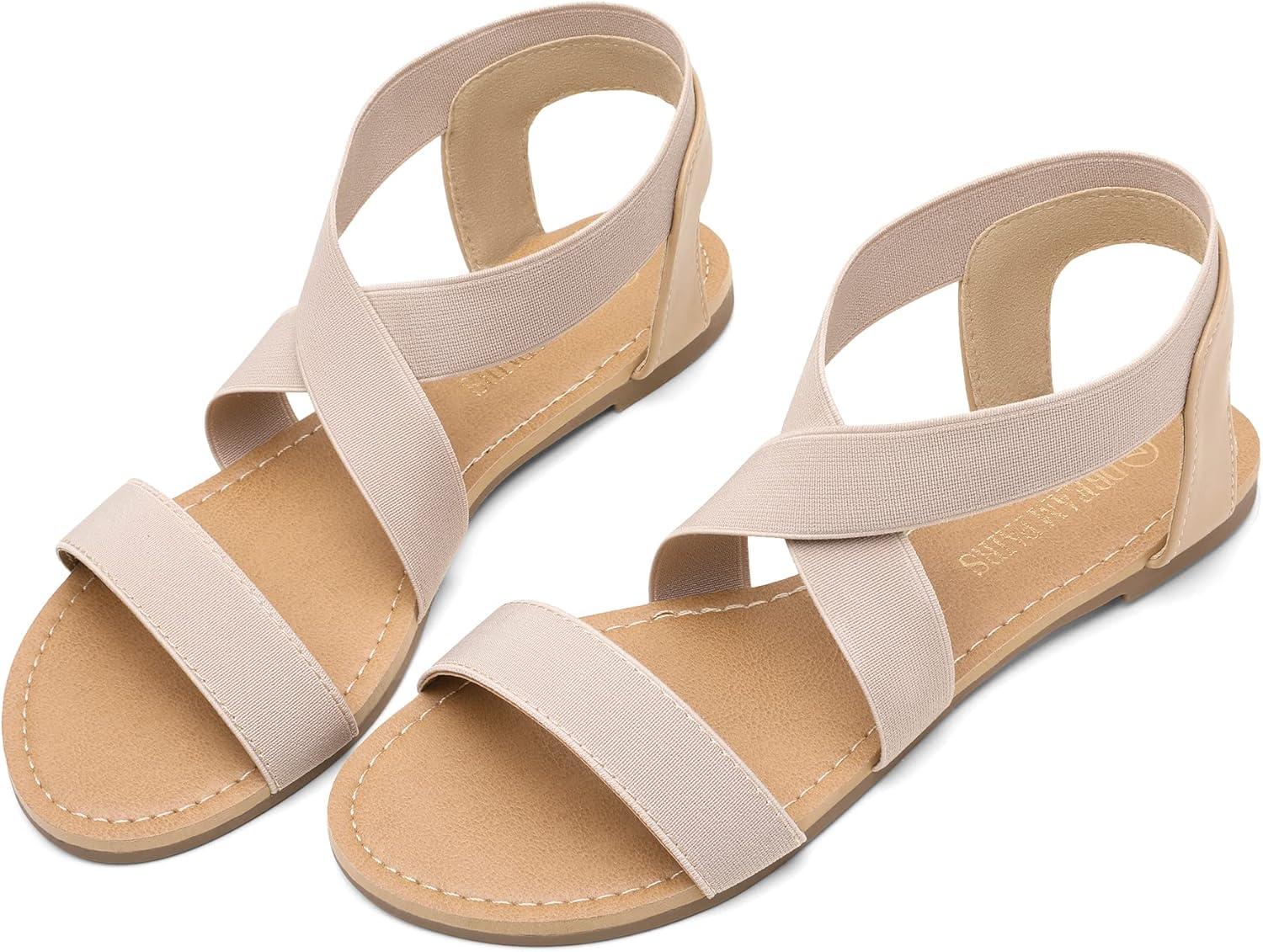 imageDREAM PAIRS Womens Elastic Ankle Strap Flat Sandals Summer Dressy Shoes Cute Strappy Gladiator SandalsNude
