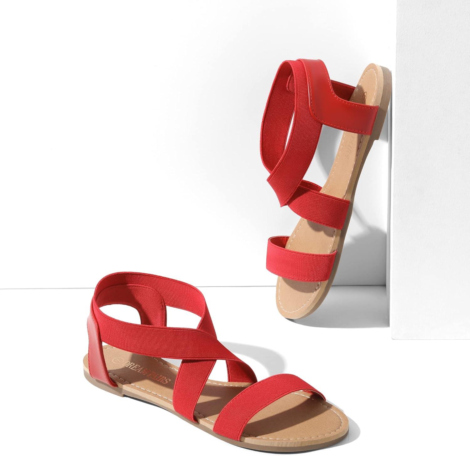 imageDREAM PAIRS Womens Elastic Ankle Strap Flat Sandals Summer Dressy Shoes Cute Strappy Gladiator SandalsRed
