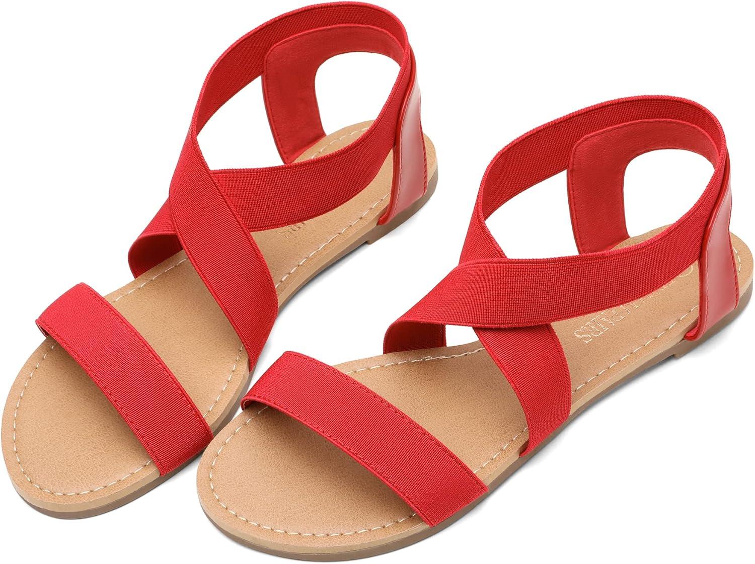 imageDREAM PAIRS Womens Elastic Ankle Strap Flat Sandals Summer Dressy Shoes Cute Strappy Gladiator SandalsRed