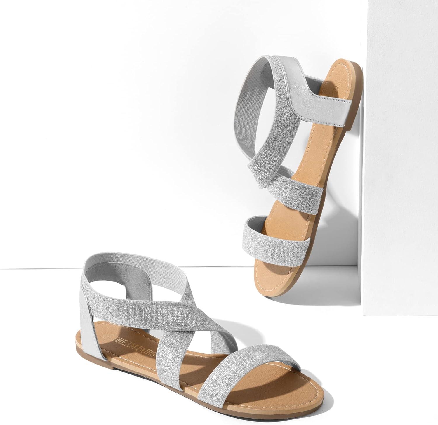 imageDREAM PAIRS Womens Elastic Ankle Strap Flat Sandals Summer Dressy Shoes Cute Strappy Gladiator SandalsSilverPu