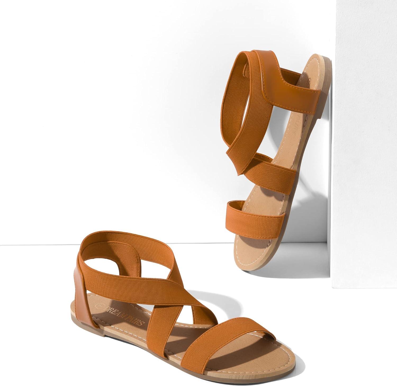 imageDREAM PAIRS Womens Elastic Ankle Strap Flat Sandals Summer Dressy Shoes Cute Strappy Gladiator SandalsTan
