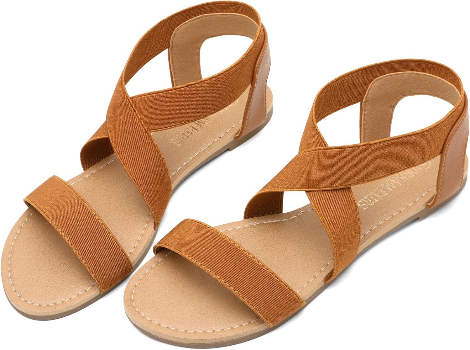 imageDREAM PAIRS Womens Elastic Ankle Strap Flat Sandals Summer Dressy Shoes Cute Strappy Gladiator SandalsTan