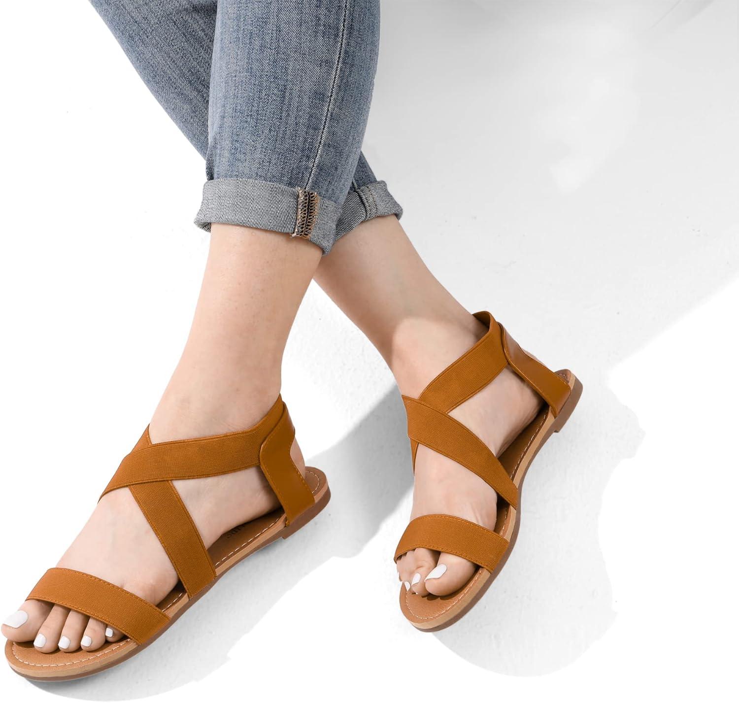 imageDREAM PAIRS Womens Elastic Ankle Strap Flat Sandals Summer Dressy Shoes Cute Strappy Gladiator SandalsTan