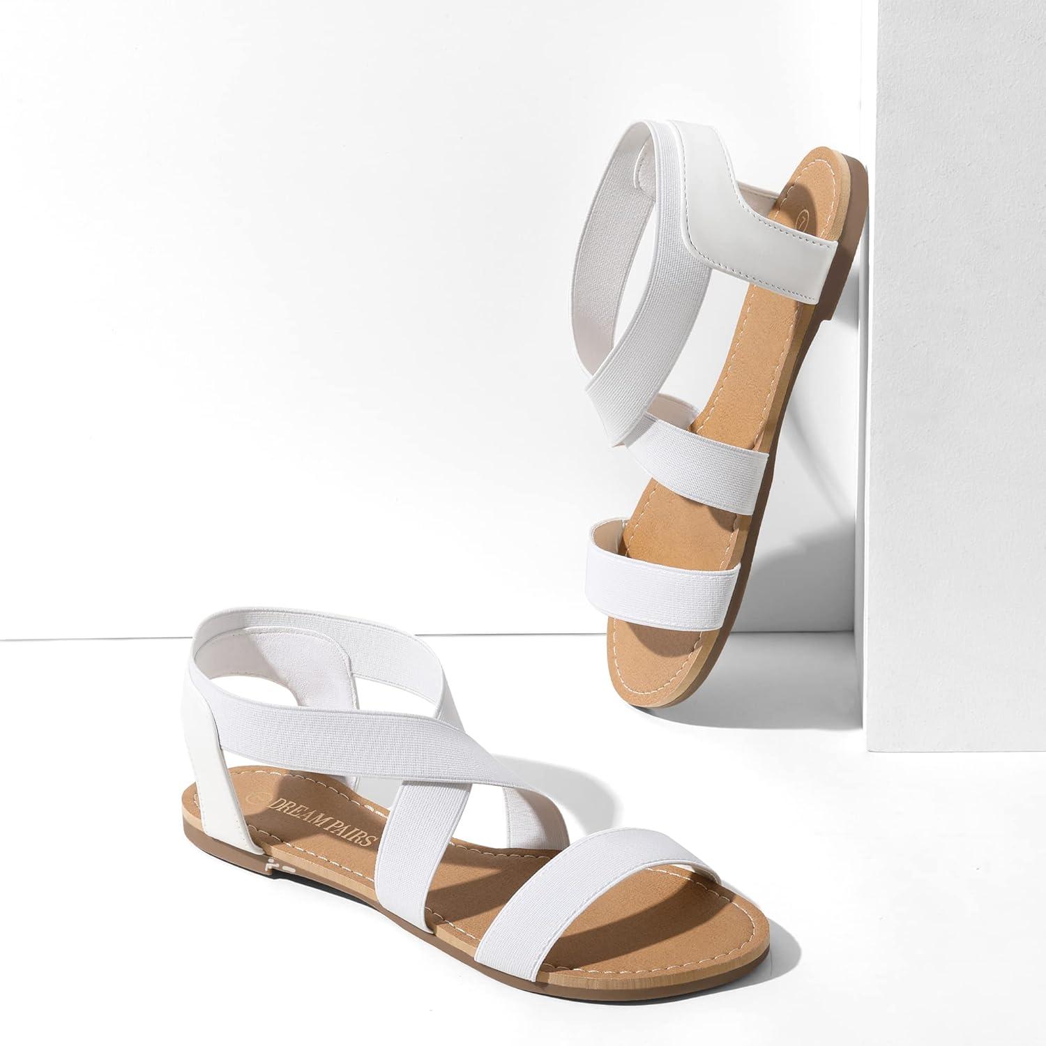 imageDREAM PAIRS Womens Elastic Ankle Strap Flat Sandals Summer Dressy Shoes Cute Strappy Gladiator SandalsWhite