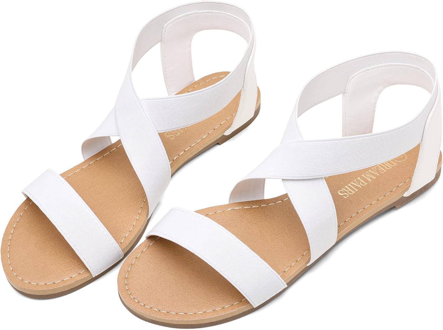 imageDREAM PAIRS Womens Elastic Ankle Strap Flat Sandals Summer Dressy Shoes Cute Strappy Gladiator SandalsWhite