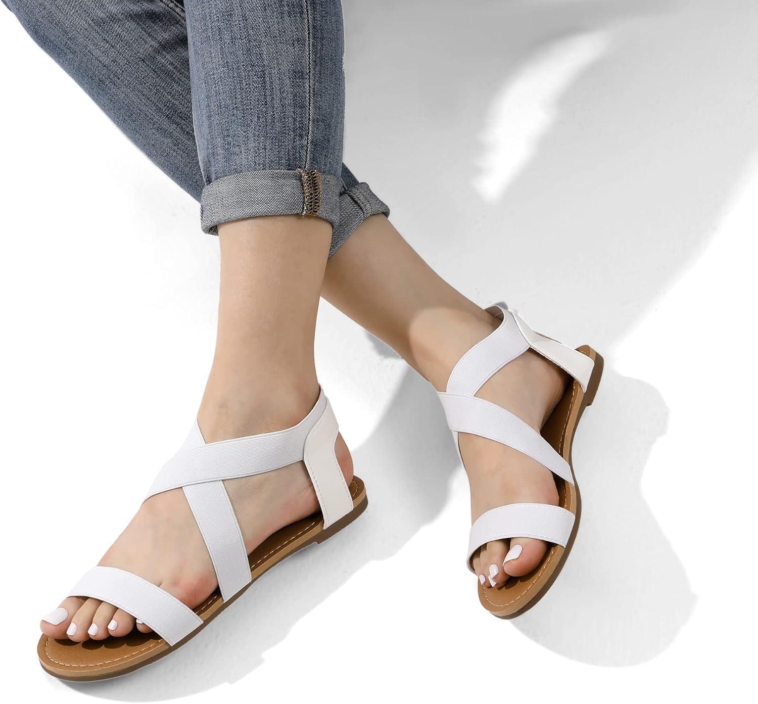 imageDREAM PAIRS Womens Elastic Ankle Strap Flat Sandals Summer Dressy Shoes Cute Strappy Gladiator SandalsWhite