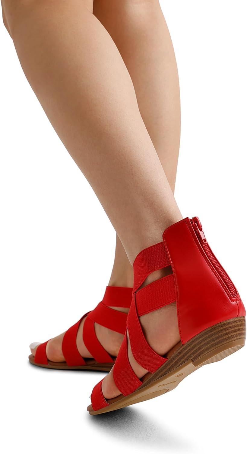 imageDREAM PAIRS Womens Elastic Ankle Strap Low Wedges SandalsRed