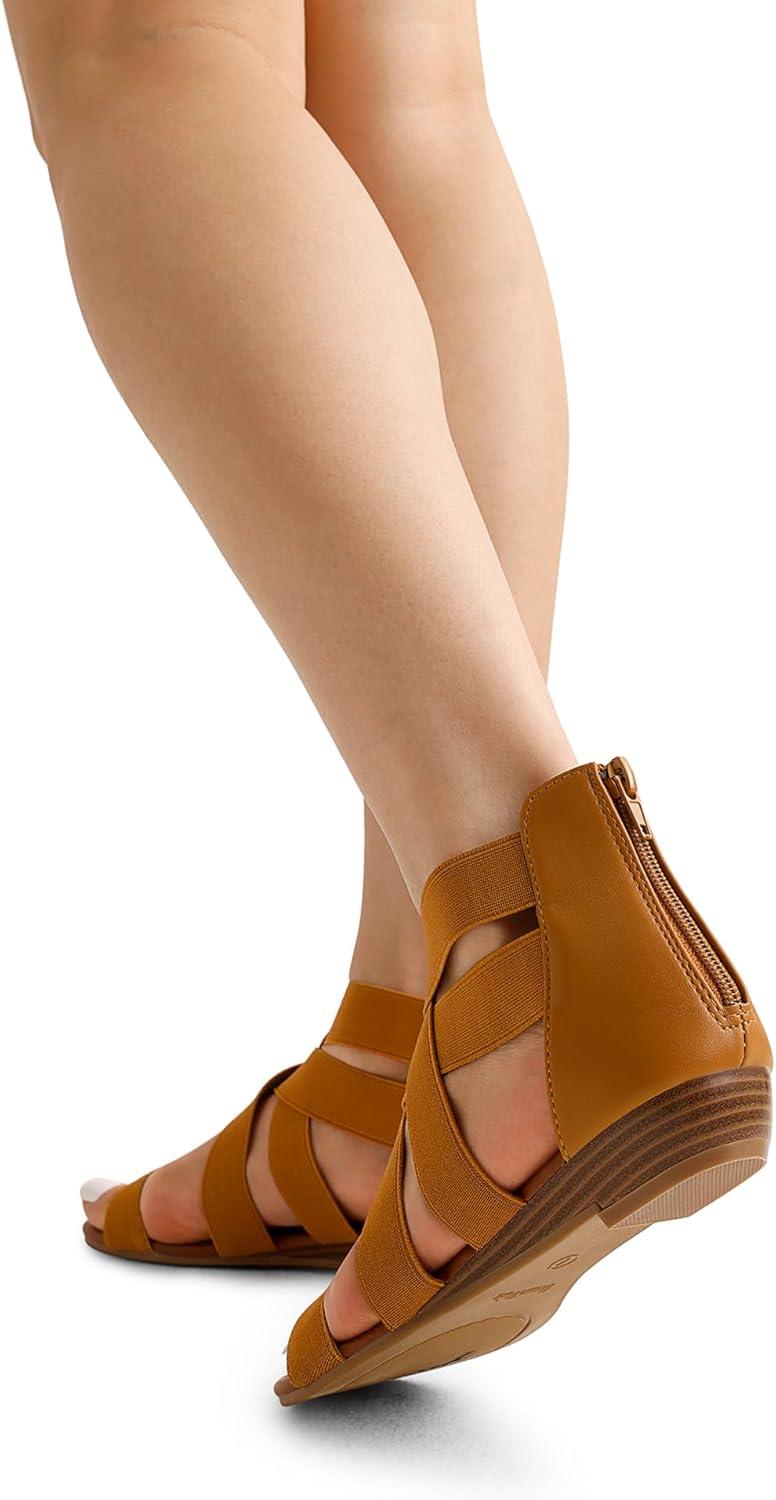 imageDREAM PAIRS Womens Elastic Ankle Strap Low Wedges SandalsTan
