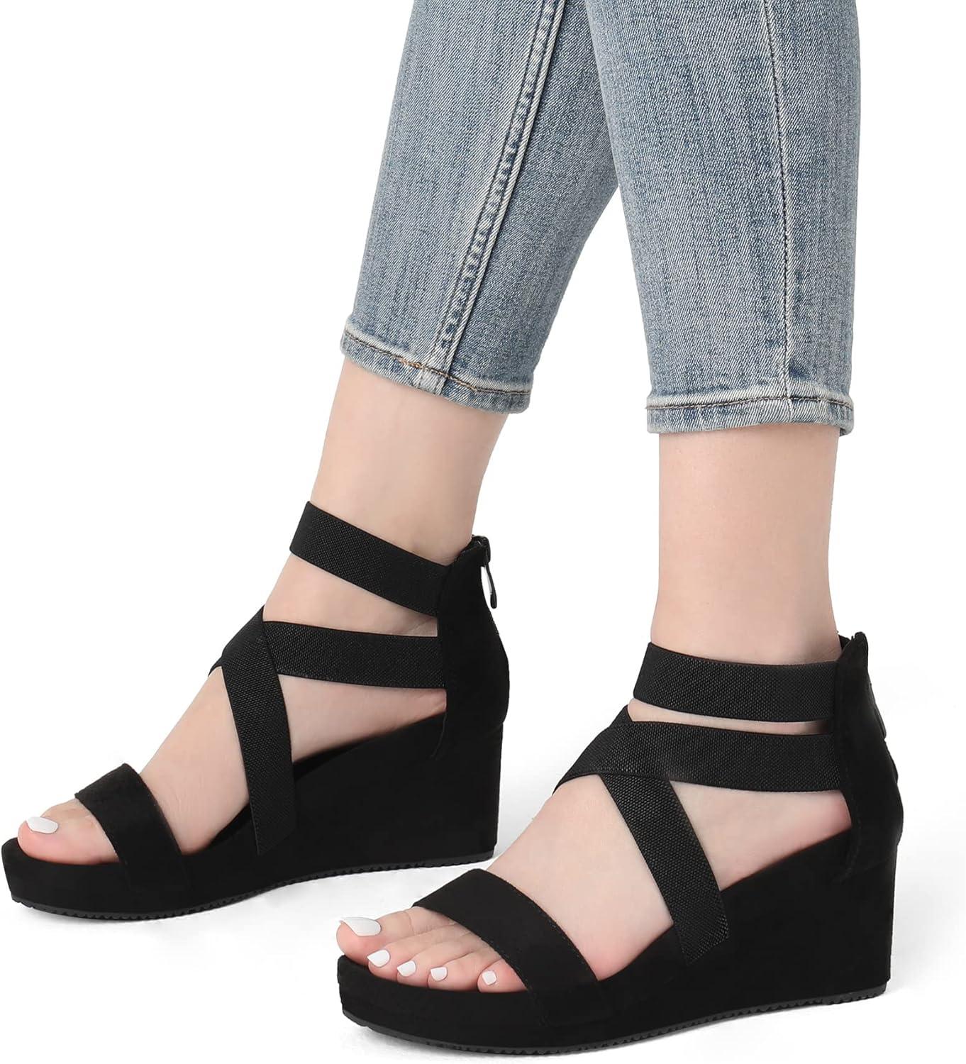 imageDREAM PAIRS Womens Elastic Ankle Strap Open Toe Platform Wedge Sandals Comfortable Summer ShoesBlack