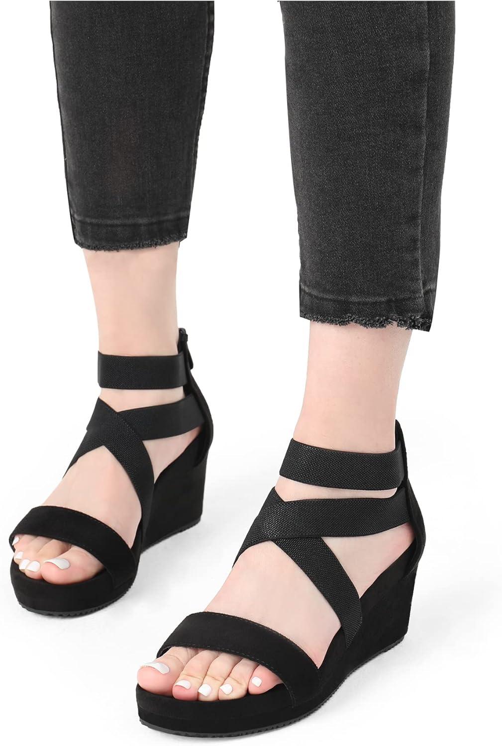imageDREAM PAIRS Womens Elastic Ankle Strap Open Toe Platform Wedge Sandals Comfortable Summer ShoesBlack