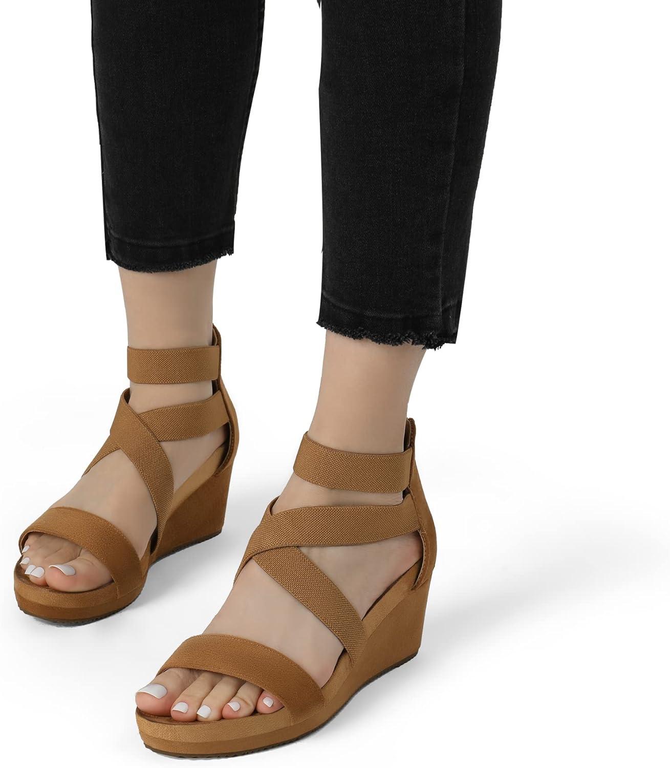 imageDREAM PAIRS Womens Elastic Ankle Strap Open Toe Platform Wedge Sandals Comfortable Summer ShoesCamel
