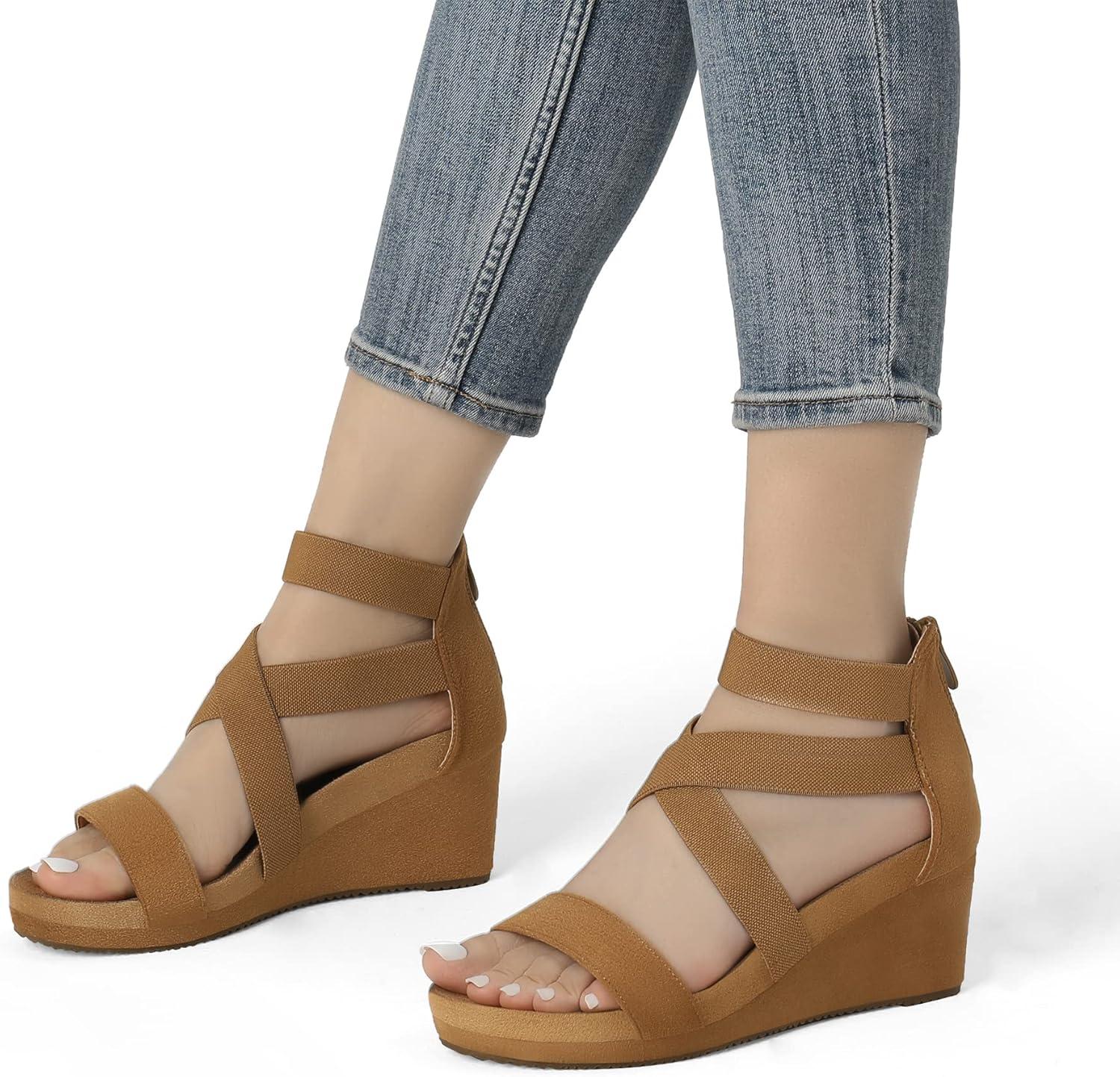 imageDREAM PAIRS Womens Elastic Ankle Strap Open Toe Platform Wedge Sandals Comfortable Summer ShoesCamel