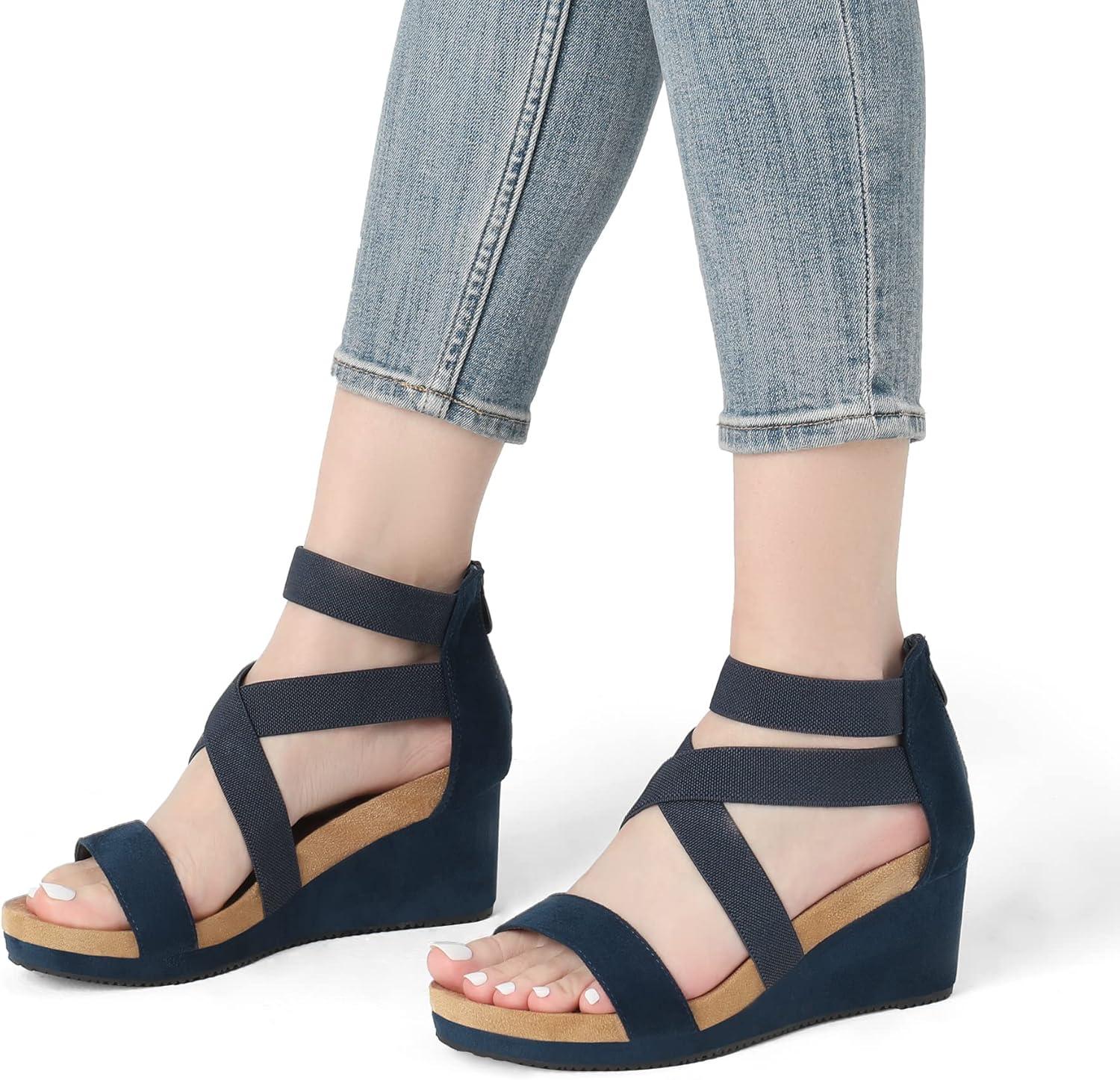 imageDREAM PAIRS Womens Elastic Ankle Strap Open Toe Platform Wedge Sandals Comfortable Summer ShoesNavy