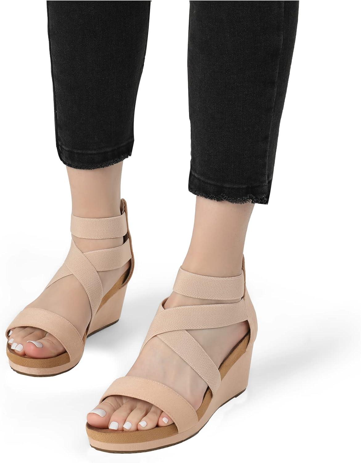 imageDREAM PAIRS Womens Elastic Ankle Strap Open Toe Platform Wedge Sandals Comfortable Summer ShoesNude