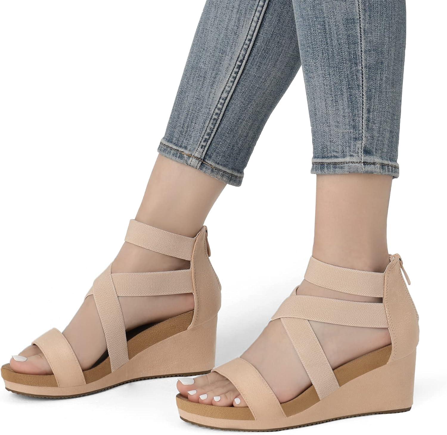 imageDREAM PAIRS Womens Elastic Ankle Strap Open Toe Platform Wedge Sandals Comfortable Summer ShoesNude