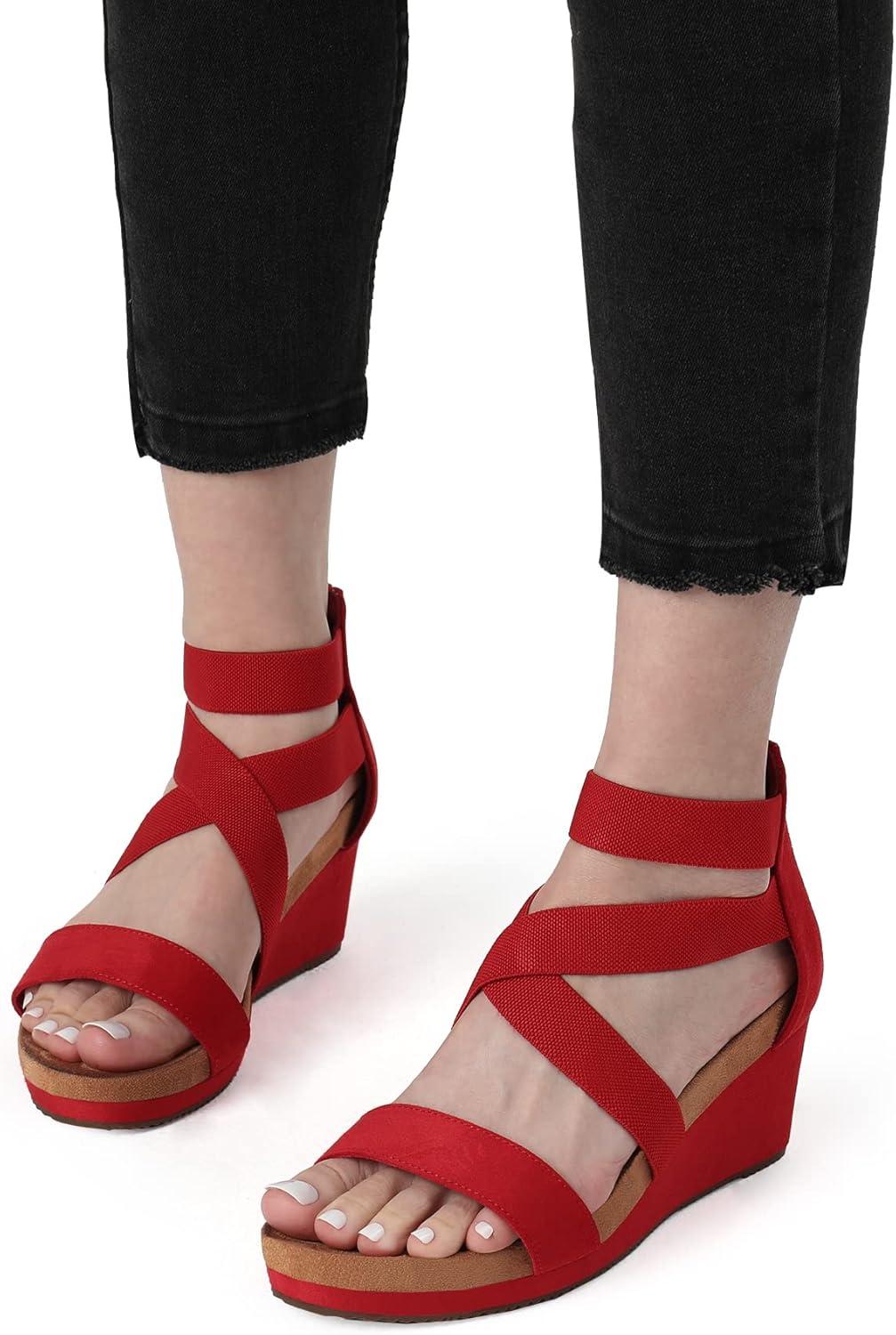imageDREAM PAIRS Womens Elastic Ankle Strap Open Toe Platform Wedge Sandals Comfortable Summer ShoesRed