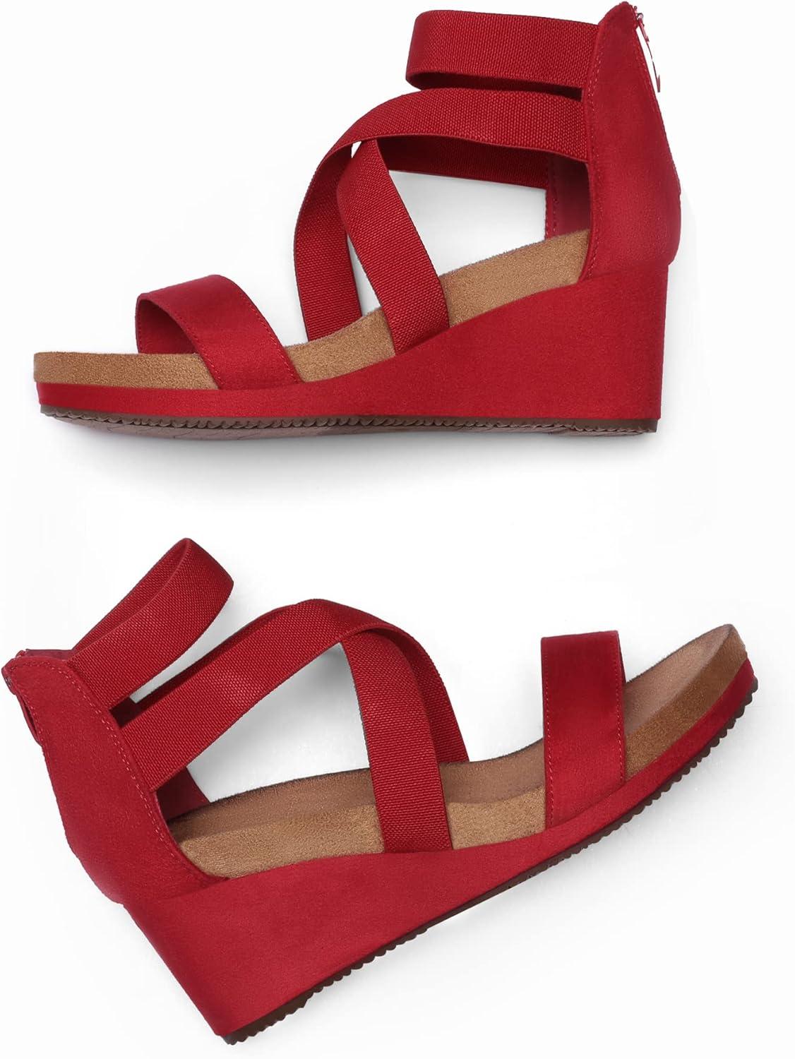 imageDREAM PAIRS Womens Elastic Ankle Strap Open Toe Platform Wedge Sandals Comfortable Summer ShoesRed
