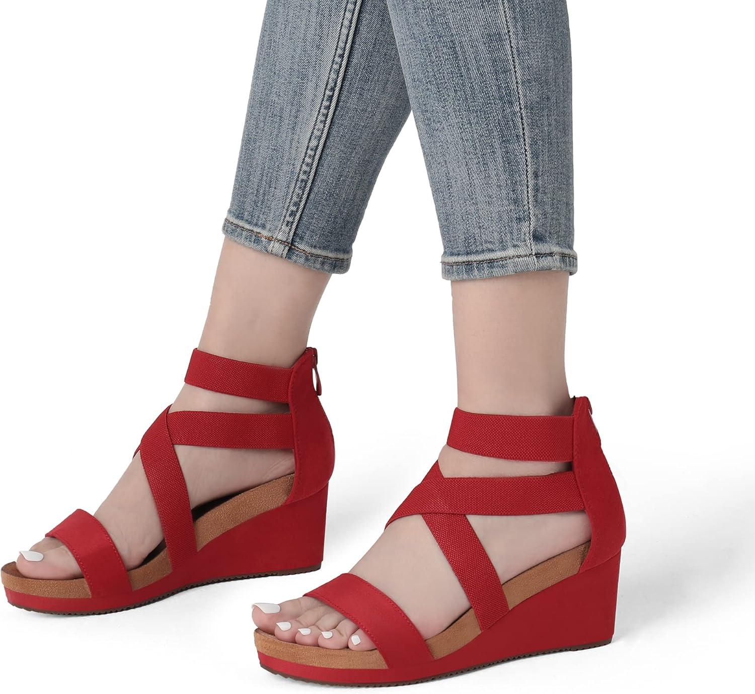 imageDREAM PAIRS Womens Elastic Ankle Strap Open Toe Platform Wedge Sandals Comfortable Summer ShoesRed