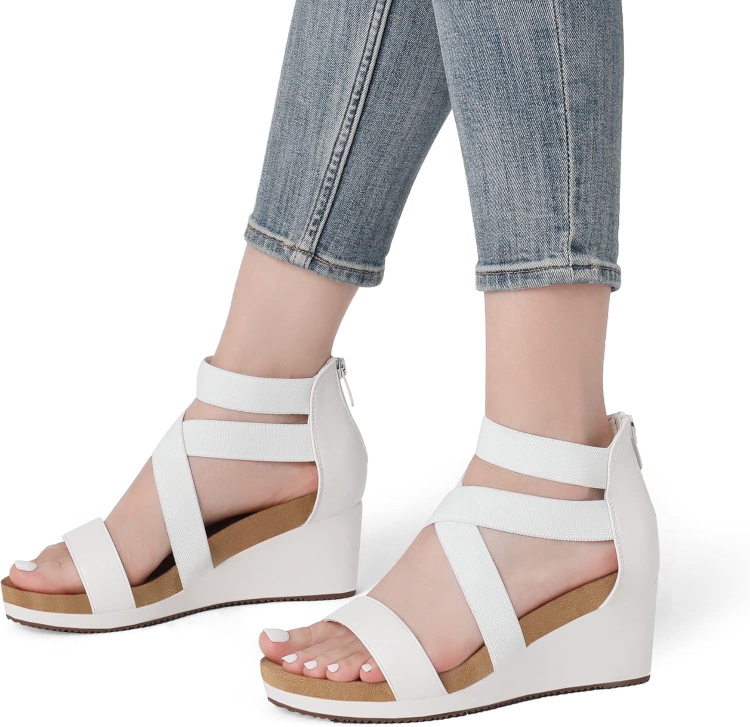 imageDREAM PAIRS Womens Elastic Ankle Strap Open Toe Platform Wedge Sandals Comfortable Summer ShoesWhite