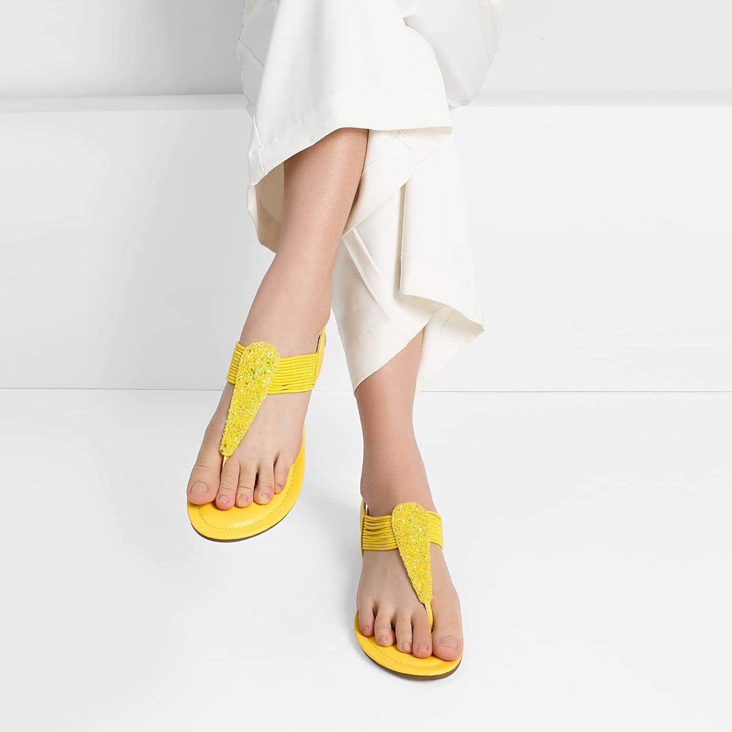 imageDREAM PAIRS Womens Elastic Strappy String Thong Ankle Strap Summer Gladiator SandalsYellowGlitter