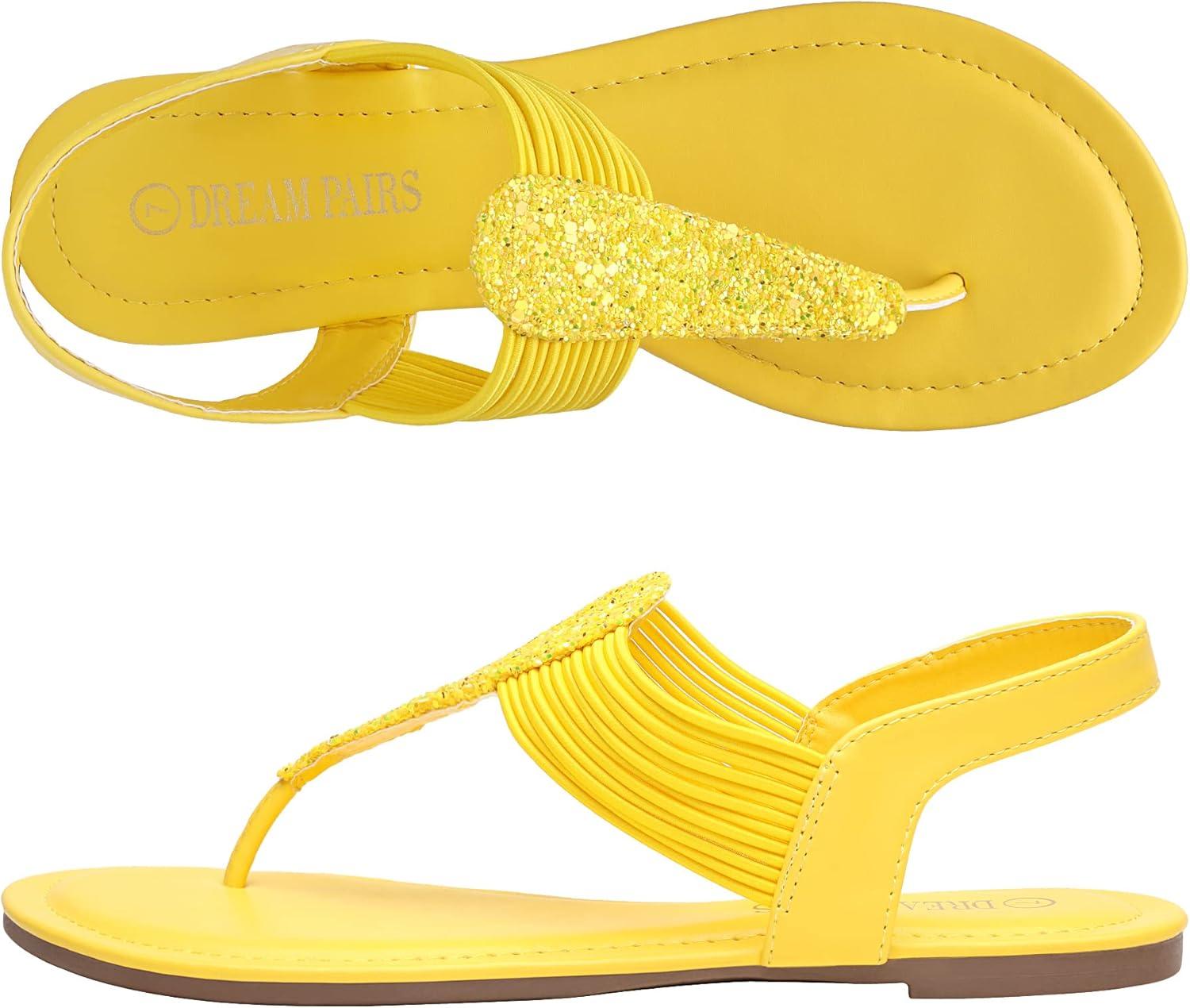 imageDREAM PAIRS Womens Elastic Strappy String Thong Ankle Strap Summer Gladiator SandalsYellowGlitter