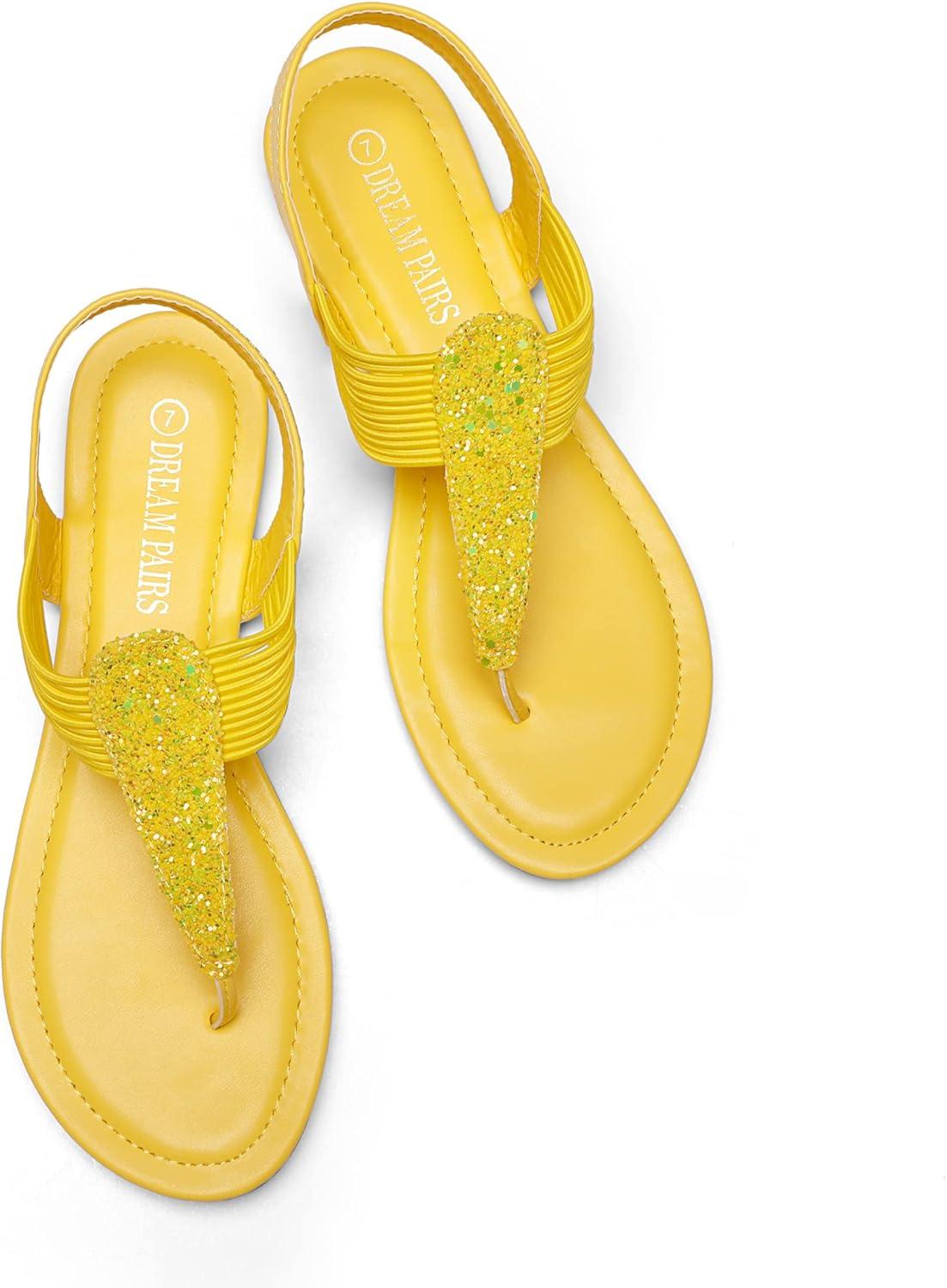 imageDREAM PAIRS Womens Elastic Strappy String Thong Ankle Strap Summer Gladiator SandalsYellowGlitter