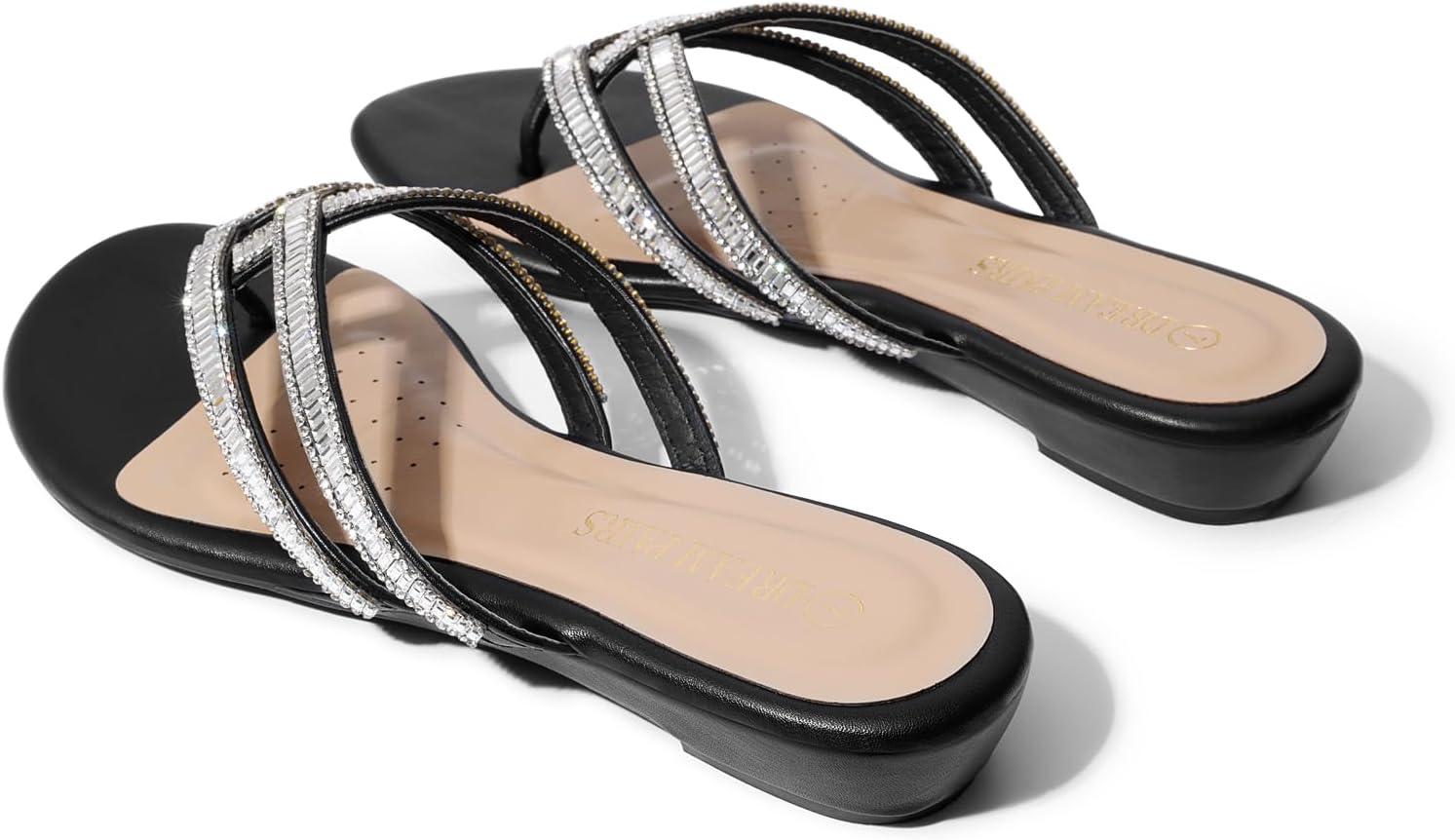 imageDREAM PAIRS Womens Fashion Rhinestones Design Slides Sandals Dress Daily Flat Sandals for SummerBlack