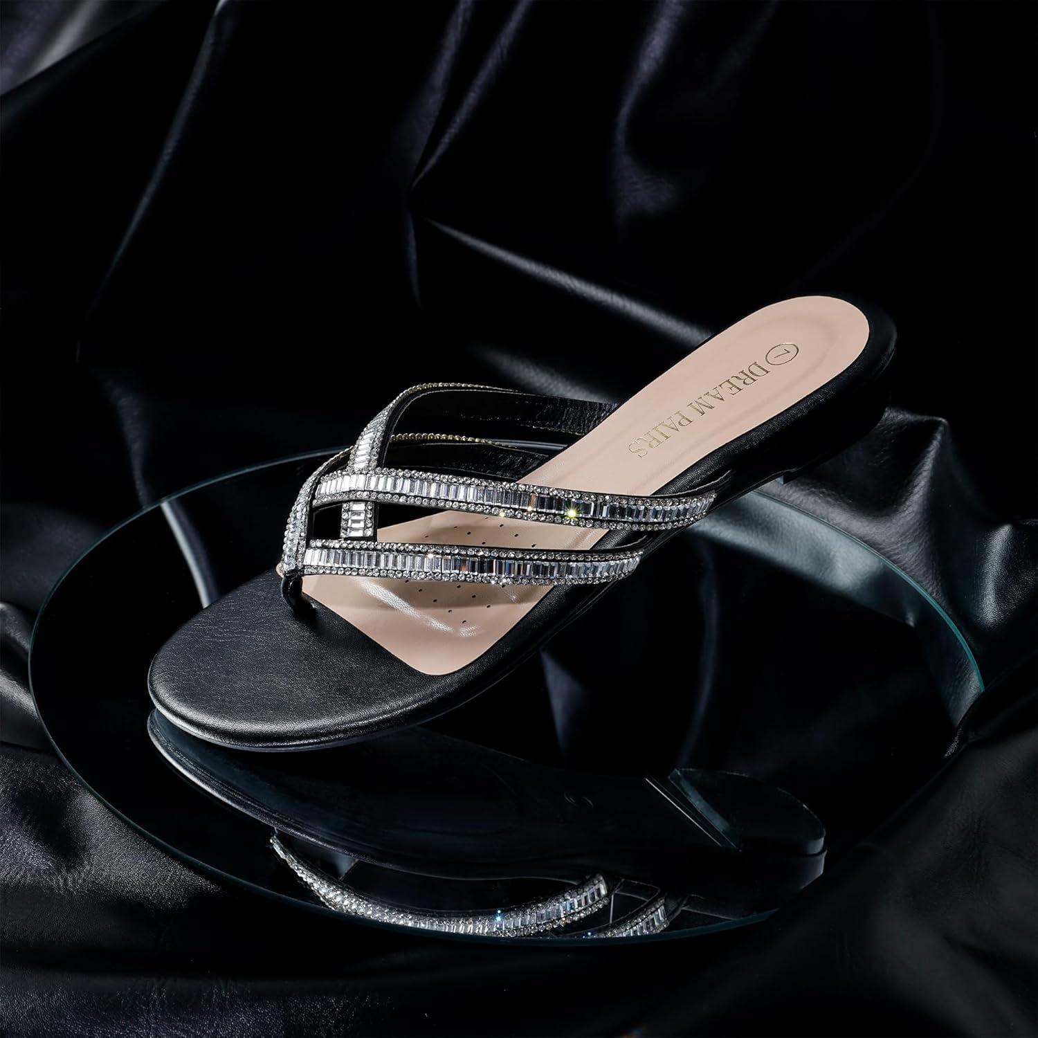 imageDREAM PAIRS Womens Fashion Rhinestones Design Slides Sandals Dress Daily Flat Sandals for SummerBlack