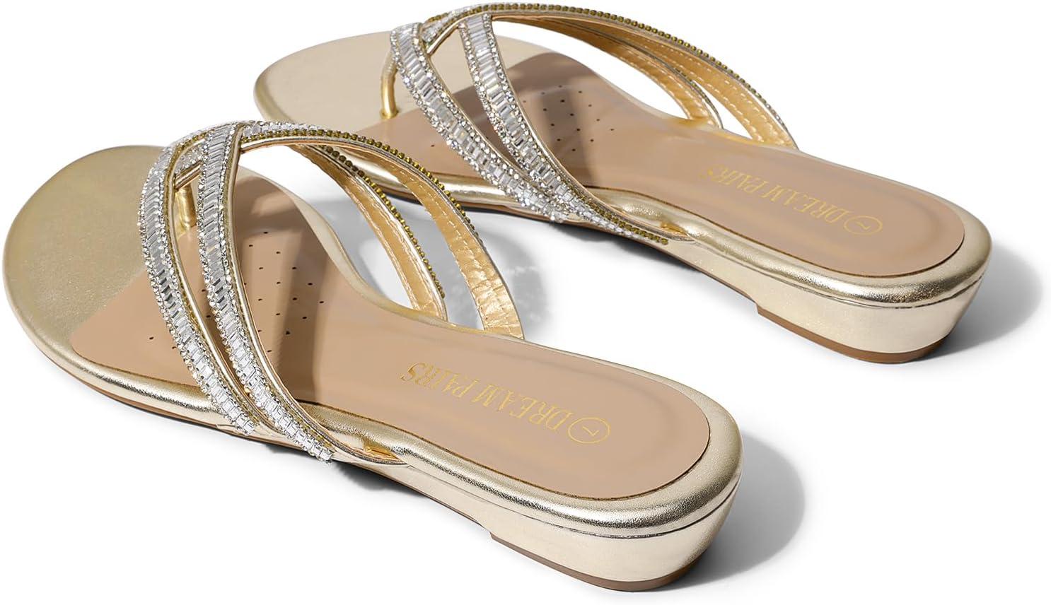 imageDREAM PAIRS Womens Fashion Rhinestones Design Slides Sandals Dress Daily Flat Sandals for SummerGold