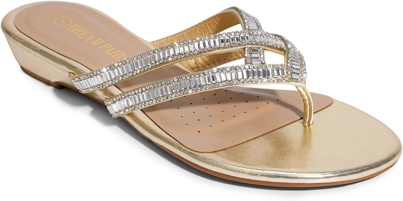 imageDREAM PAIRS Womens Fashion Rhinestones Design Slides Sandals Dress Daily Flat Sandals for SummerGold