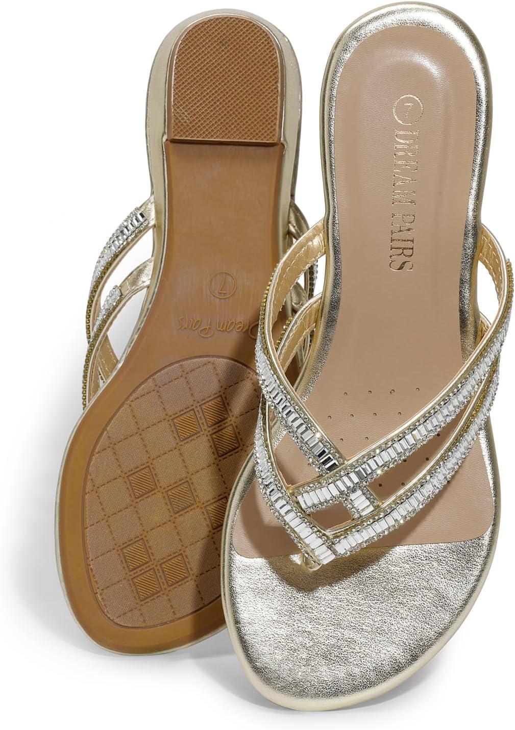 imageDREAM PAIRS Womens Fashion Rhinestones Design Slides Sandals Dress Daily Flat Sandals for SummerGold