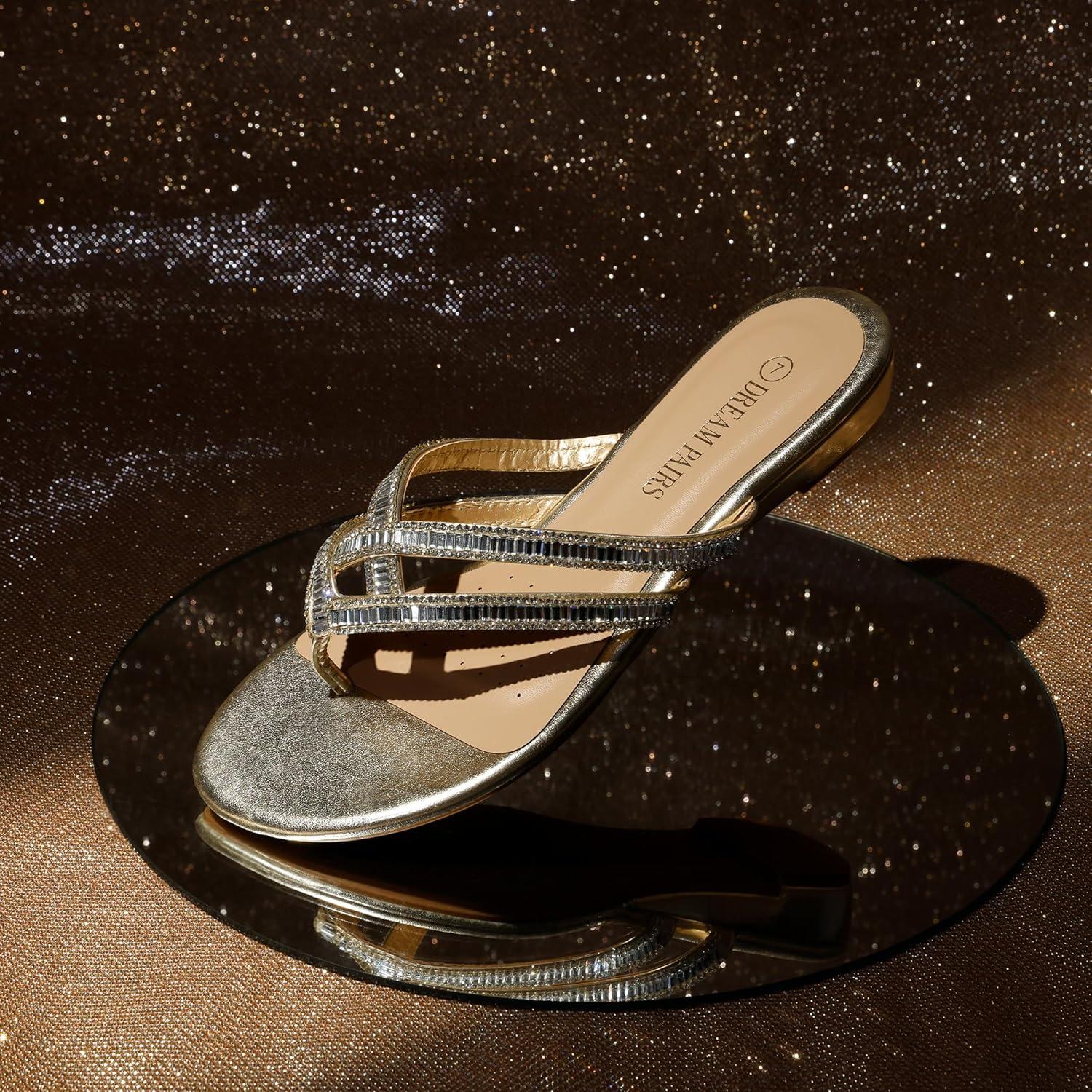 imageDREAM PAIRS Womens Fashion Rhinestones Design Slides Sandals Dress Daily Flat Sandals for SummerGold
