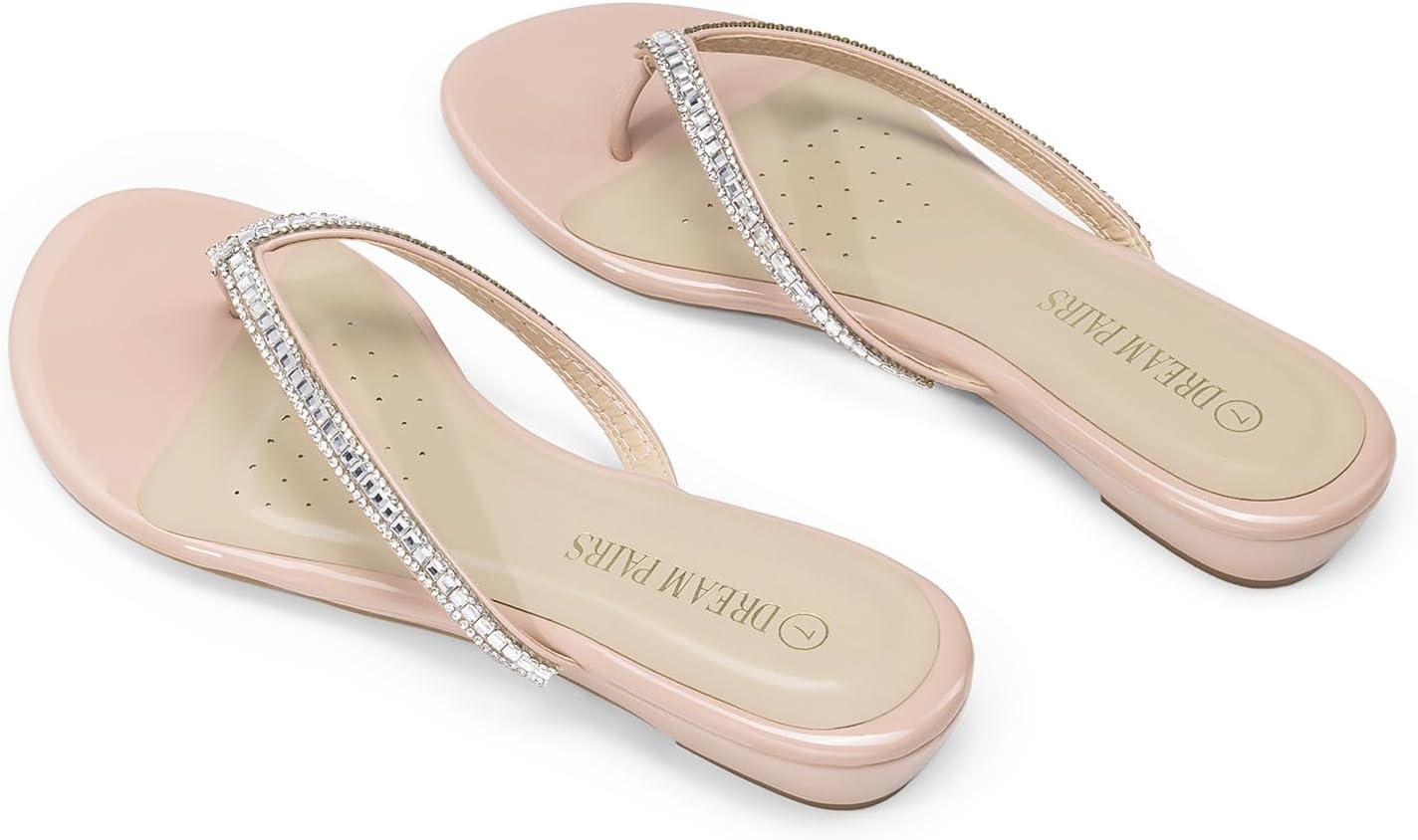 imageDREAM PAIRS Womens Fashion Rhinestones Design Slides Sandals Dress Daily Flat Sandals for SummerNude