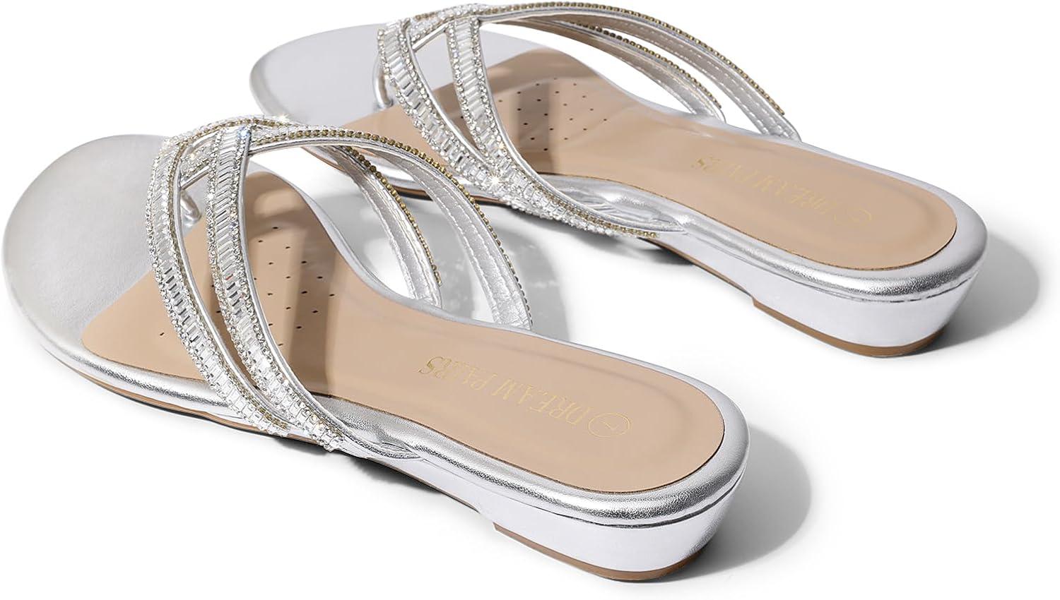 imageDREAM PAIRS Womens Fashion Rhinestones Design Slides Sandals Dress Daily Flat Sandals for SummerSilver