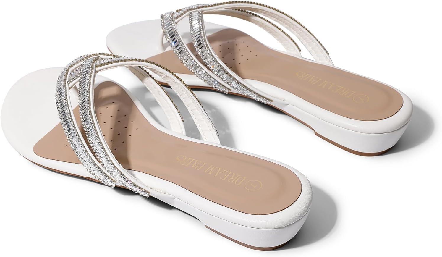 imageDREAM PAIRS Womens Fashion Rhinestones Design Slides Sandals Dress Daily Flat Sandals for SummerWhite