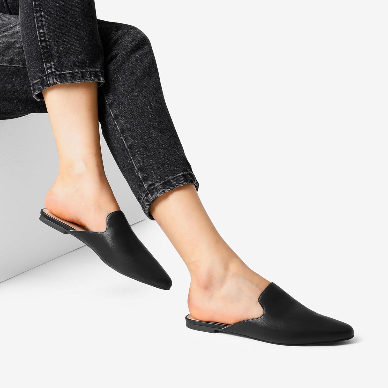imageDREAM PAIRS Womens Flat Mules Pointed Toe Backless Loafer ShoesBlackPu